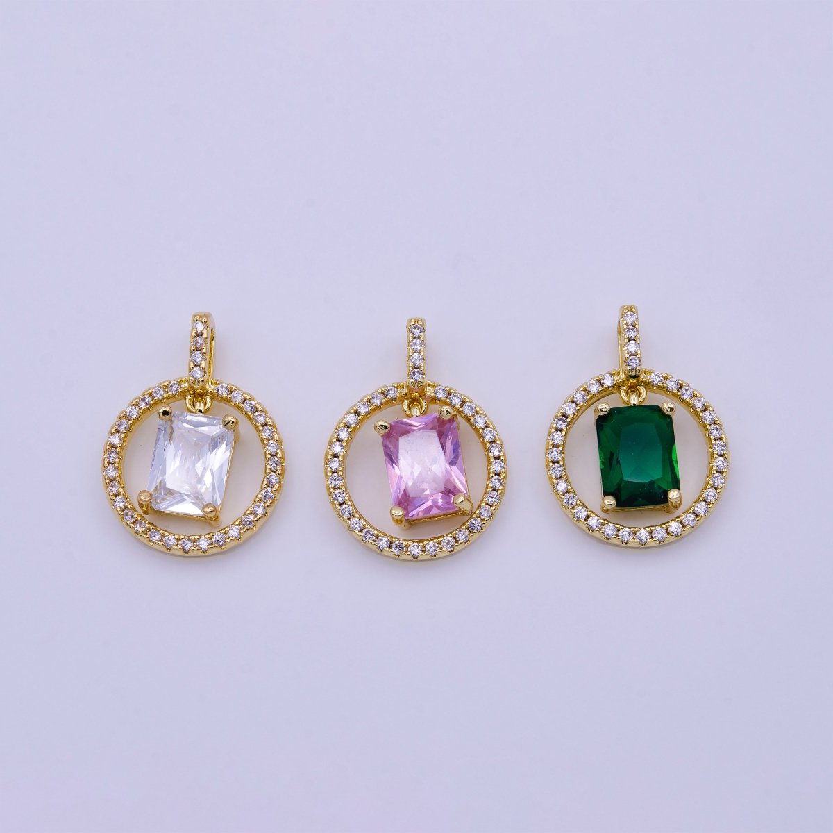 16K Gold Filled Clear, Pink, Green Baguette Dangle Open Round Micro Paved Pendant | AA420 - AA422 - DLUXCA