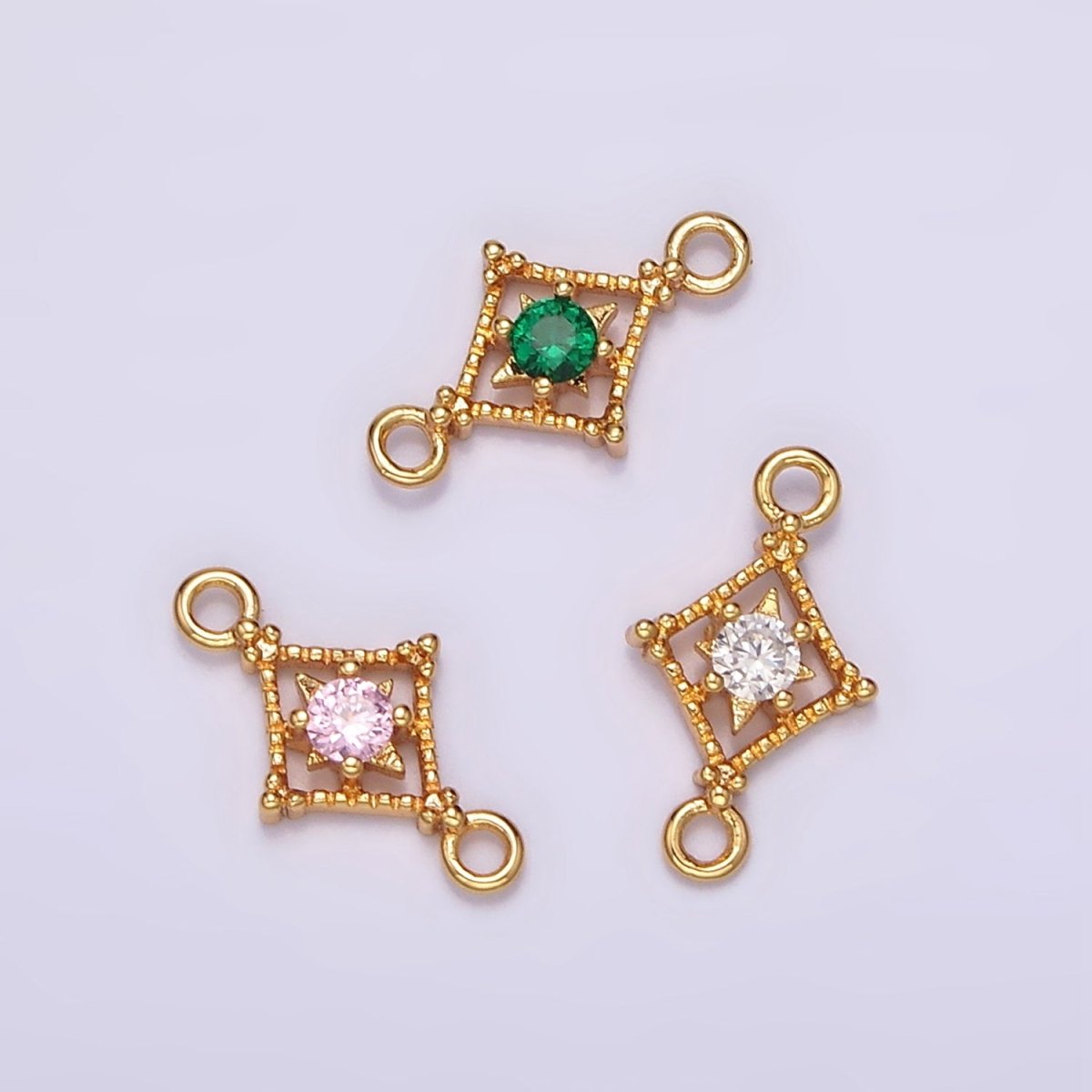 16K Gold Filled Clear, Pink, Green CZ Celestial Star Beaded Rhombus Connector | G-054 - G-056 - DLUXCA