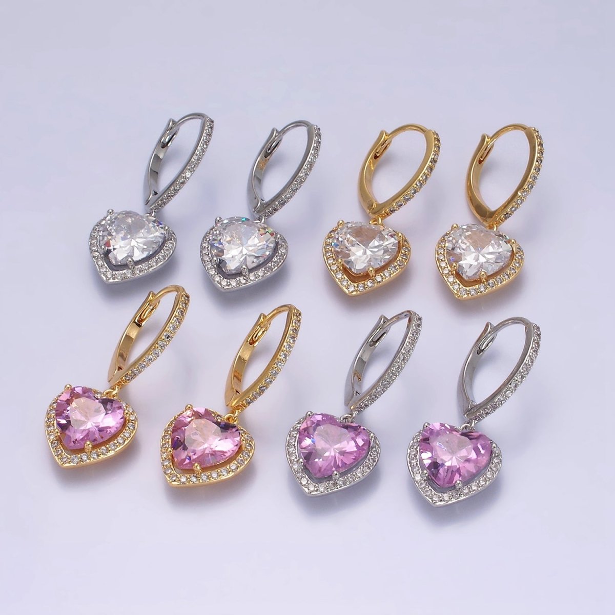 16K Gold Filled Clear, Pink Heart CZ Drop Micro Paved Triangle Hoop Earrings in Gold & Silver | AE637 - AE640 - DLUXCA