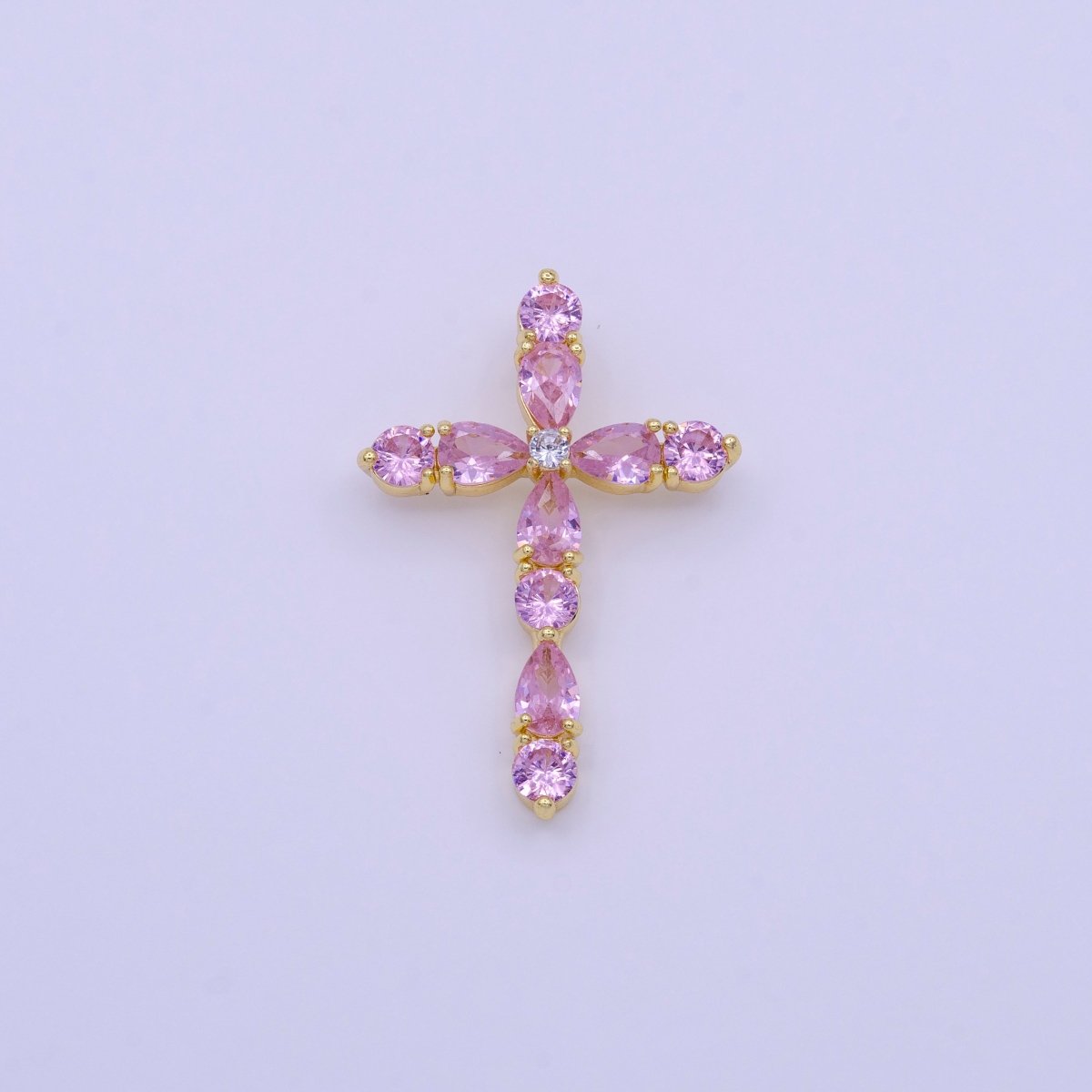 16K Gold Filled Clear, Pink Round Teardrop CZ Lined Religious Cross Pendant | AA423 AA424 - DLUXCA