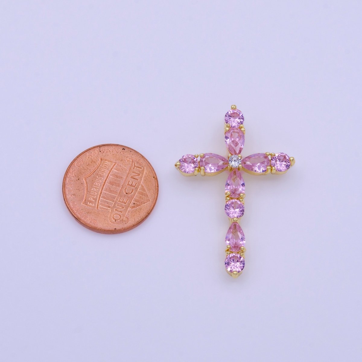 16K Gold Filled Clear, Pink Round Teardrop CZ Lined Religious Cross Pendant | AA423 AA424 - DLUXCA