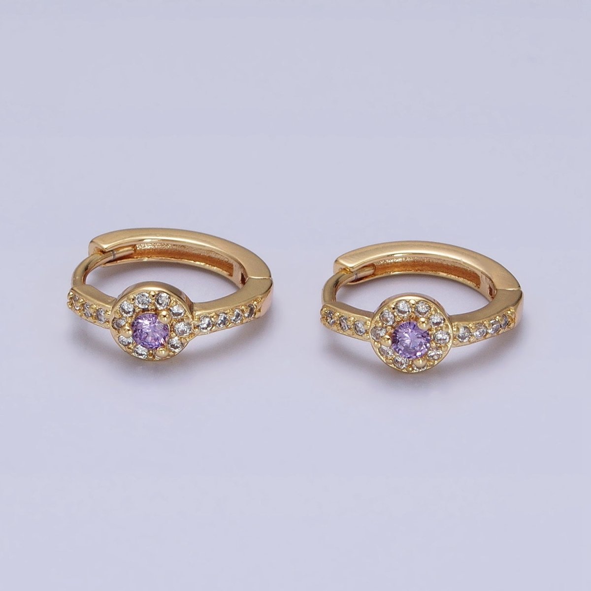 16K Gold Filled Clear, Purple Round CZ Micro Paved 13mm Huggie Earrings in Gold & Silver | AD854 - AD857 - DLUXCA