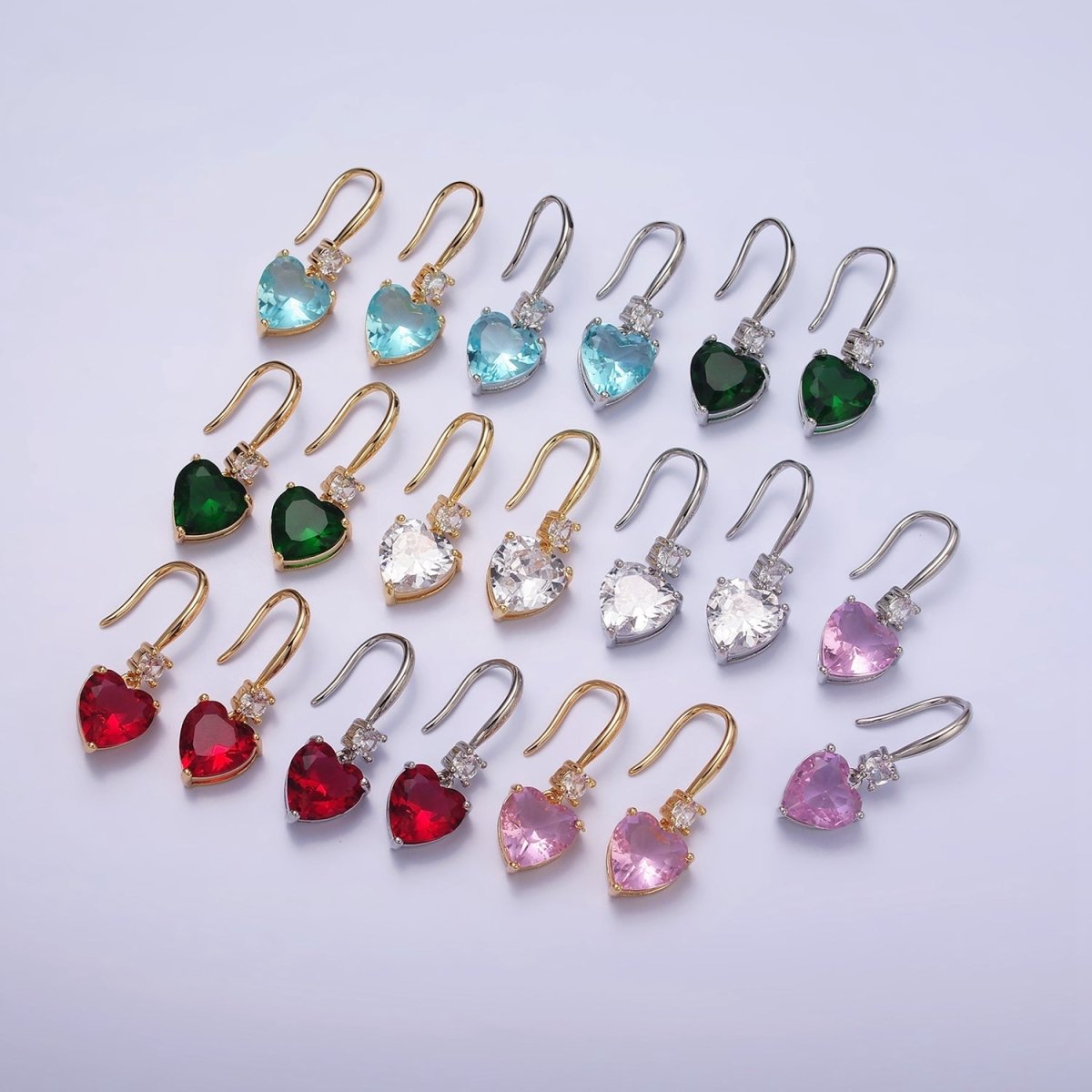 16K Gold Filled Clear, Red, Pink, Green, Blue Heart CZ French Hook Earrings in Gold & Silver | AD1213 - AD1222 - DLUXCA