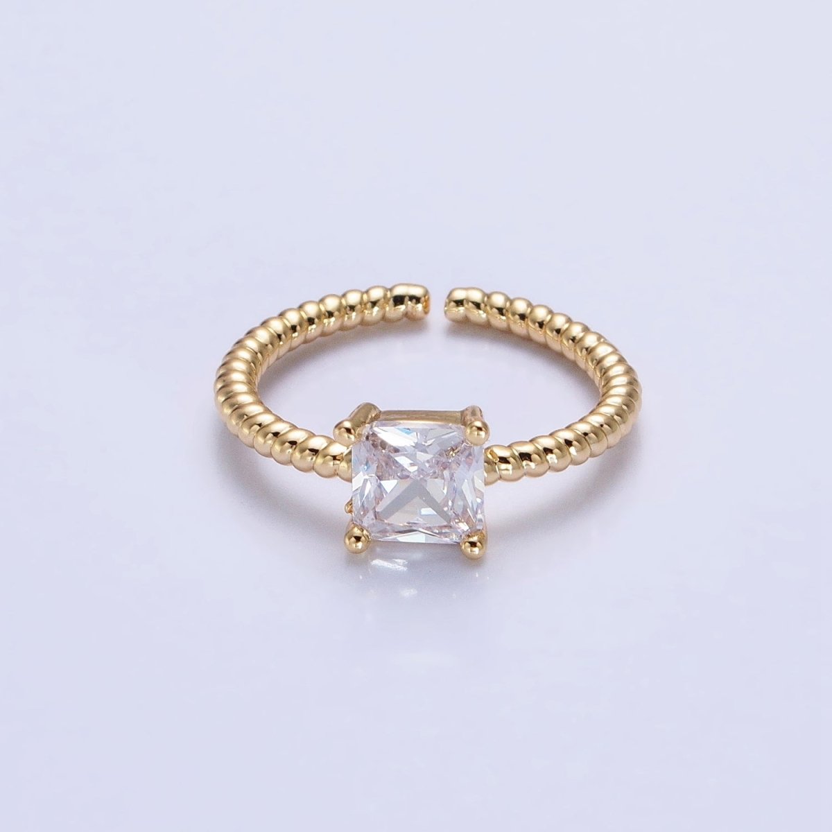 16K Gold Filled Clear Square CZ Croissant Twist Adjustable Ring in Gold & Silver | O1968 O1969 - DLUXCA