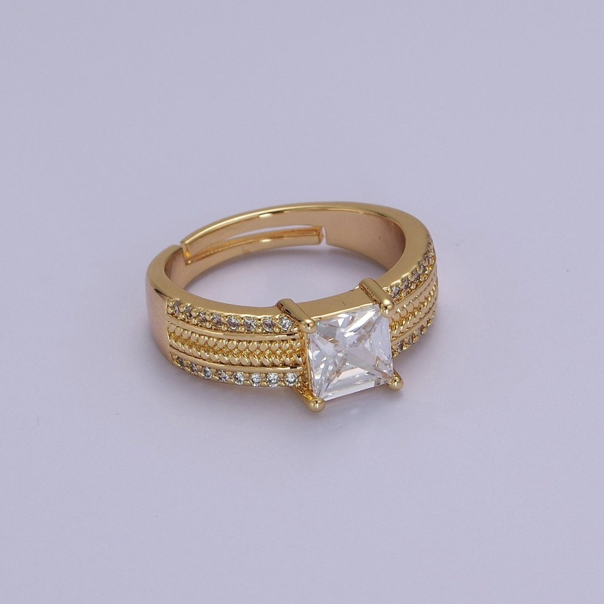 16K Gold Filled Clear Square CZ Curb Textured Band Ring in Gold & Silver O-1918 O-1919 - DLUXCA