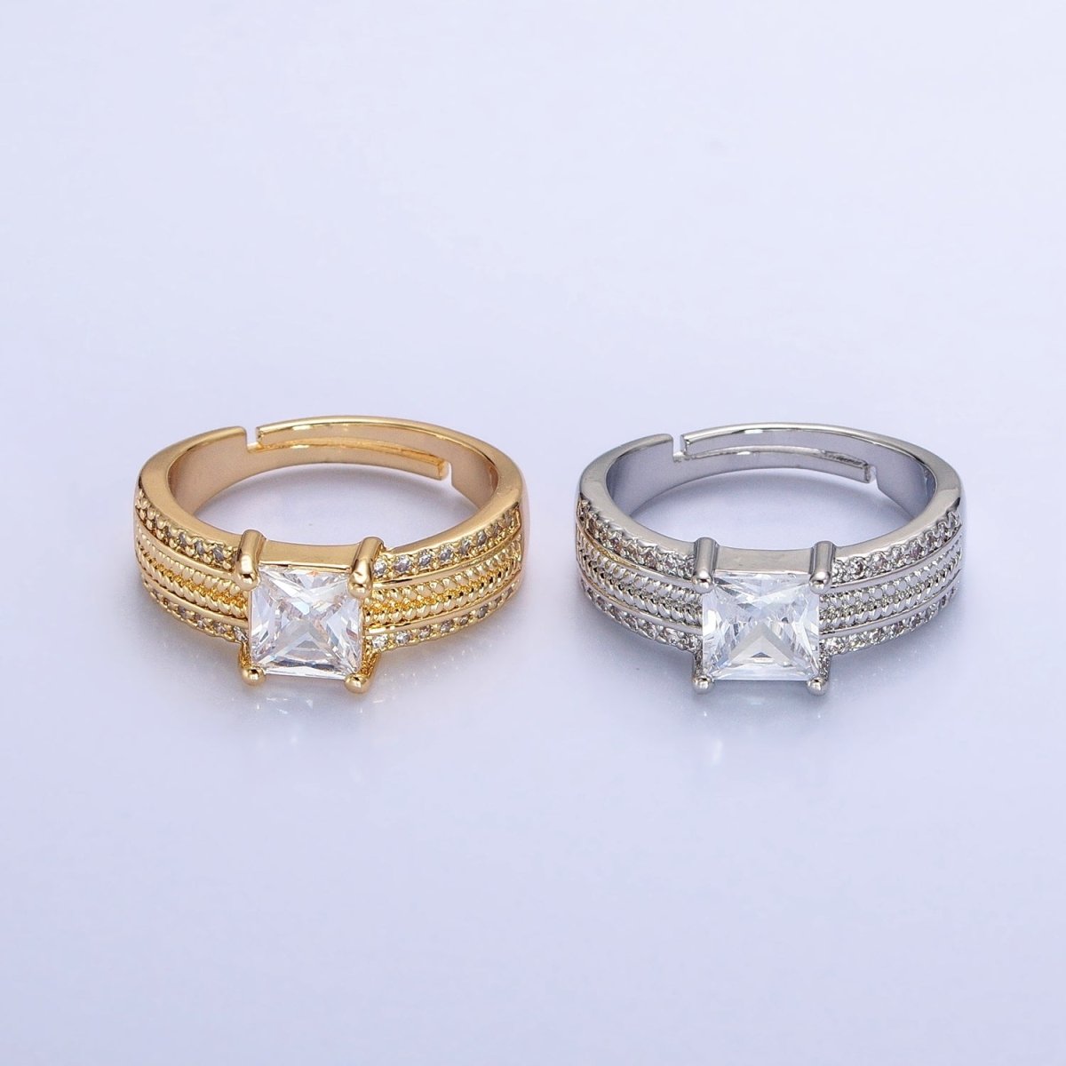 16K Gold Filled Clear Square CZ Curb Textured Band Ring in Gold & Silver O-1918 O-1919 - DLUXCA