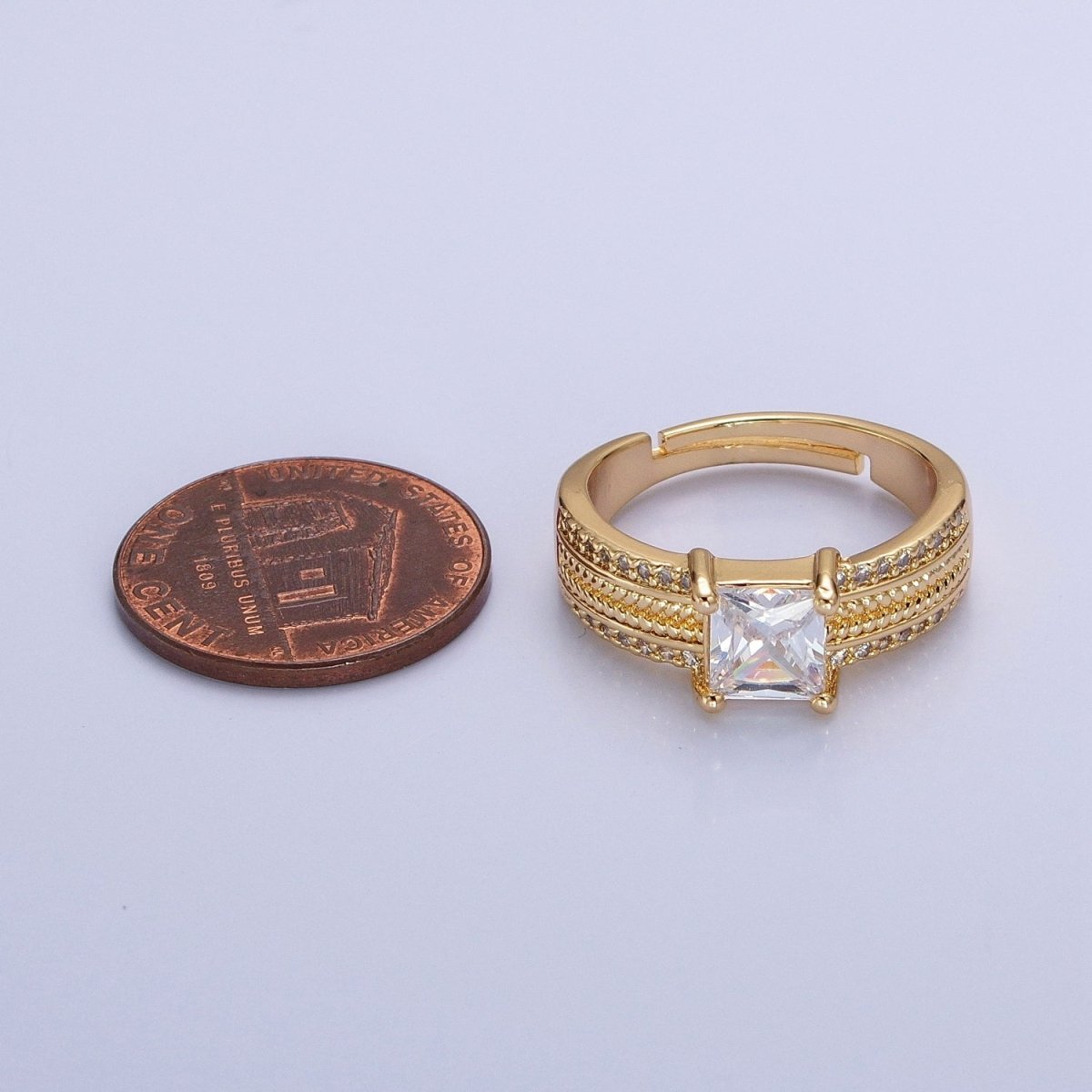 16K Gold Filled Clear Square CZ Curb Textured Band Ring in Gold & Silver O-1918 O-1919 - DLUXCA