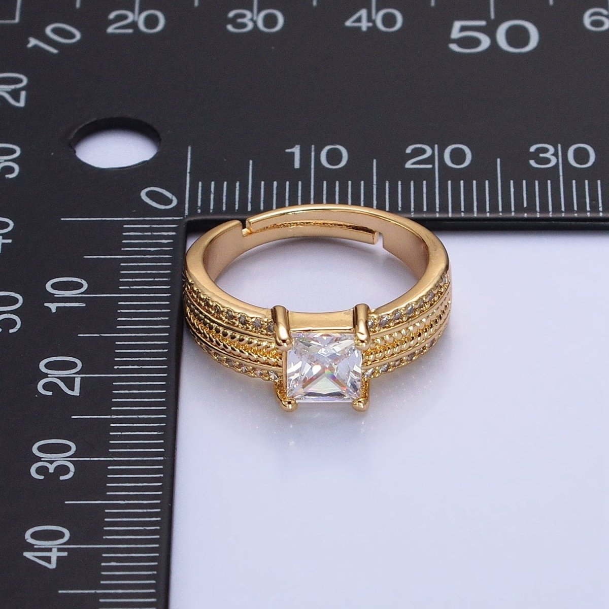 16K Gold Filled Clear Square CZ Curb Textured Band Ring in Gold & Silver O-1918 O-1919 - DLUXCA