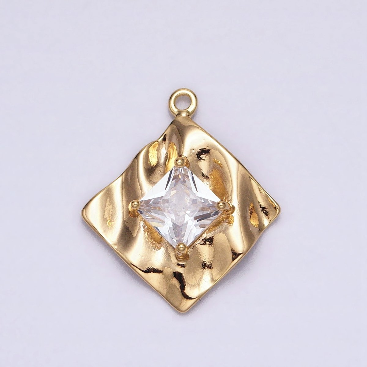 16K Gold Filled Clear Square CZ Rhombus Hammered Foil Charm in Gold & Silver | AC954 AC955 - DLUXCA