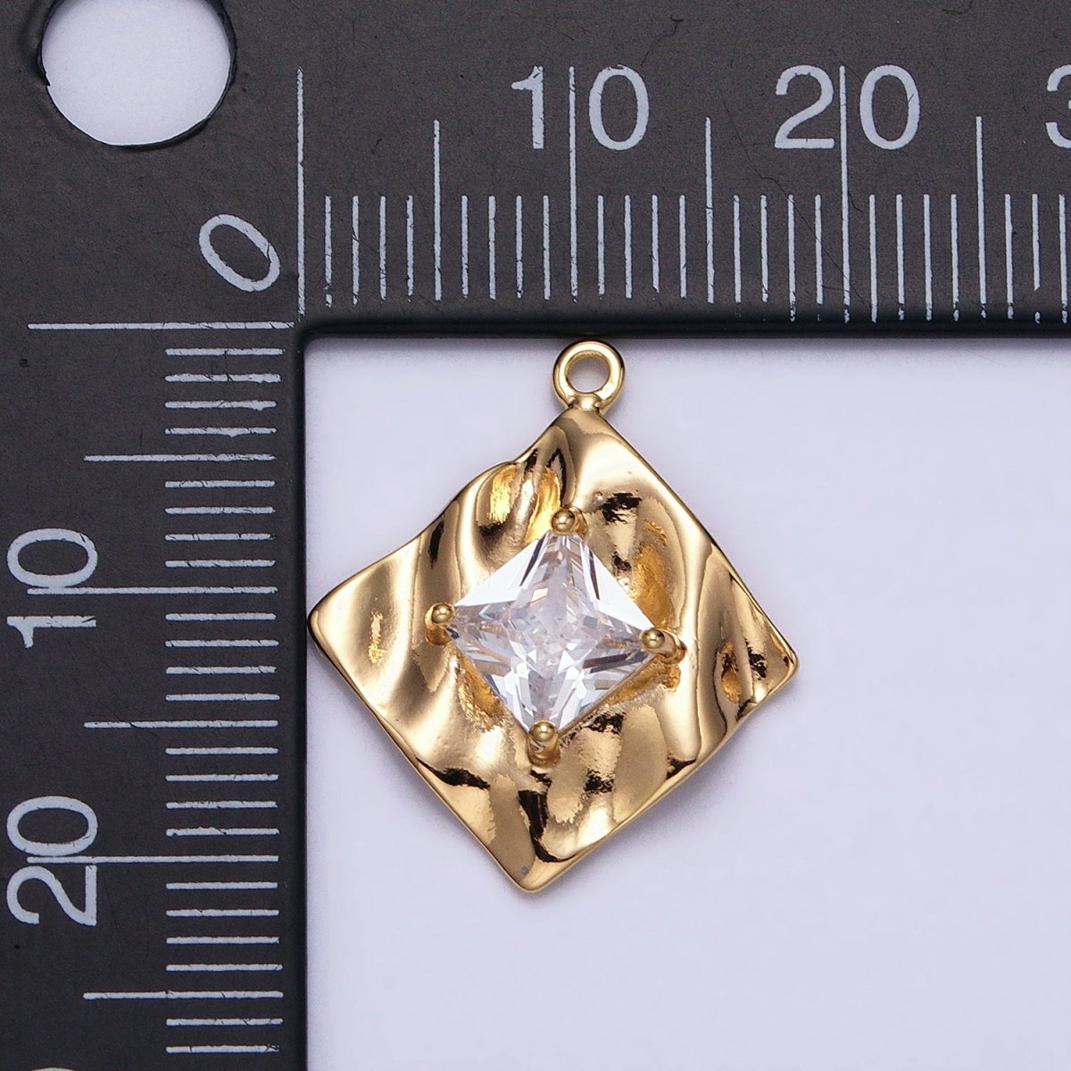 16K Gold Filled Clear Square CZ Rhombus Hammered Foil Charm in Gold & Silver | AC954 AC955 - DLUXCA