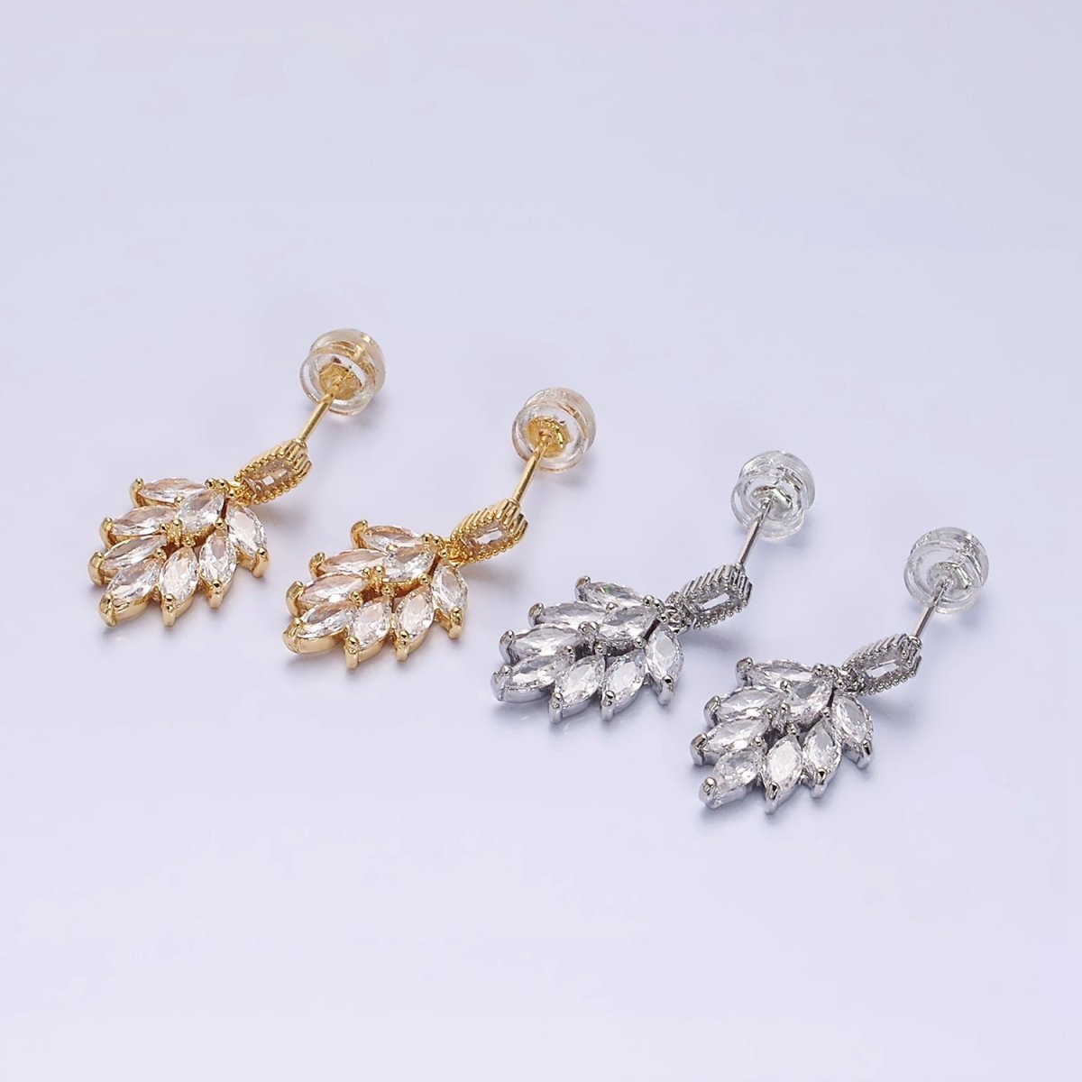 16K Gold Filled Clear Teardrop Baguette CZ Drop Stud Earrings in Gold & Silver | AD1008 AD1009 - DLUXCA