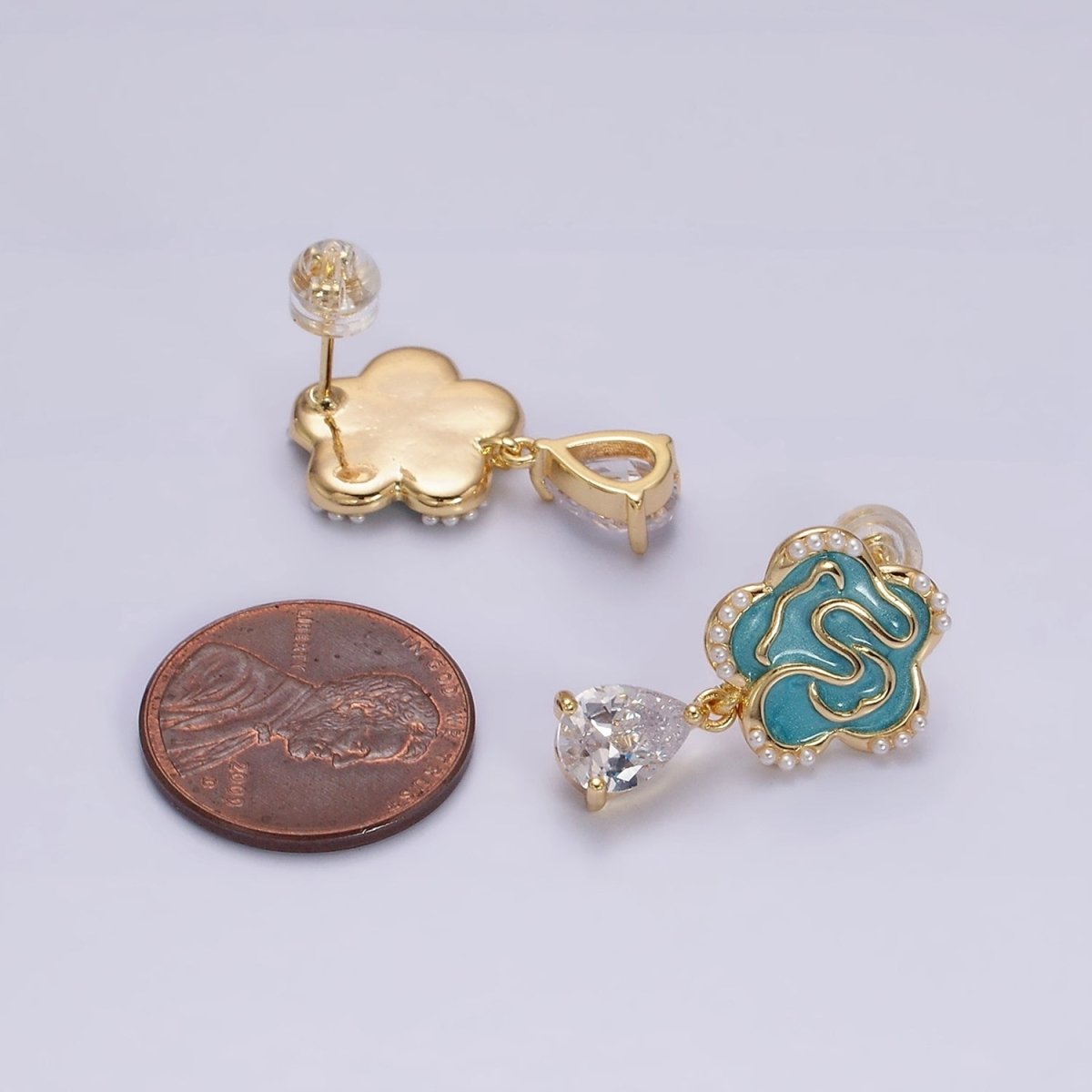 16K Gold Filled Clear Teardrop CZ Drop Teal Sparkly Enamel Abstract Pearl Lined Flower Stud Earrings in Gold & Silver | Y-853 Y-854 - DLUXCA