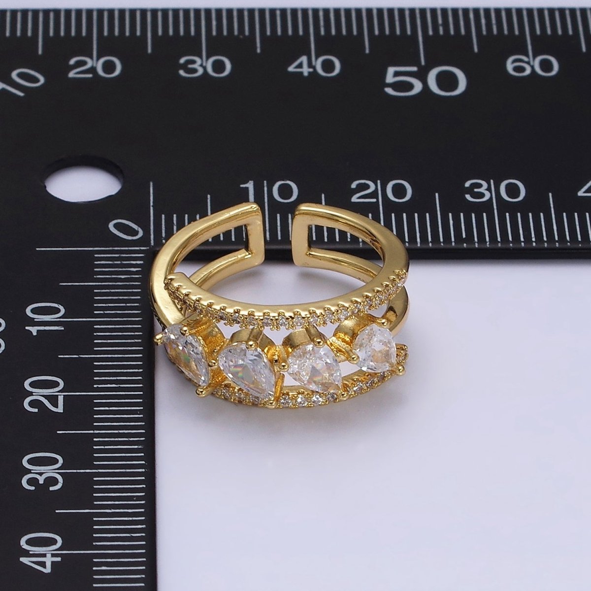 16K Gold Filled Clear Teardrop CZ Micro Paved Triple Band Ring in Gold & Silver | O-1587 O-1588 - DLUXCA