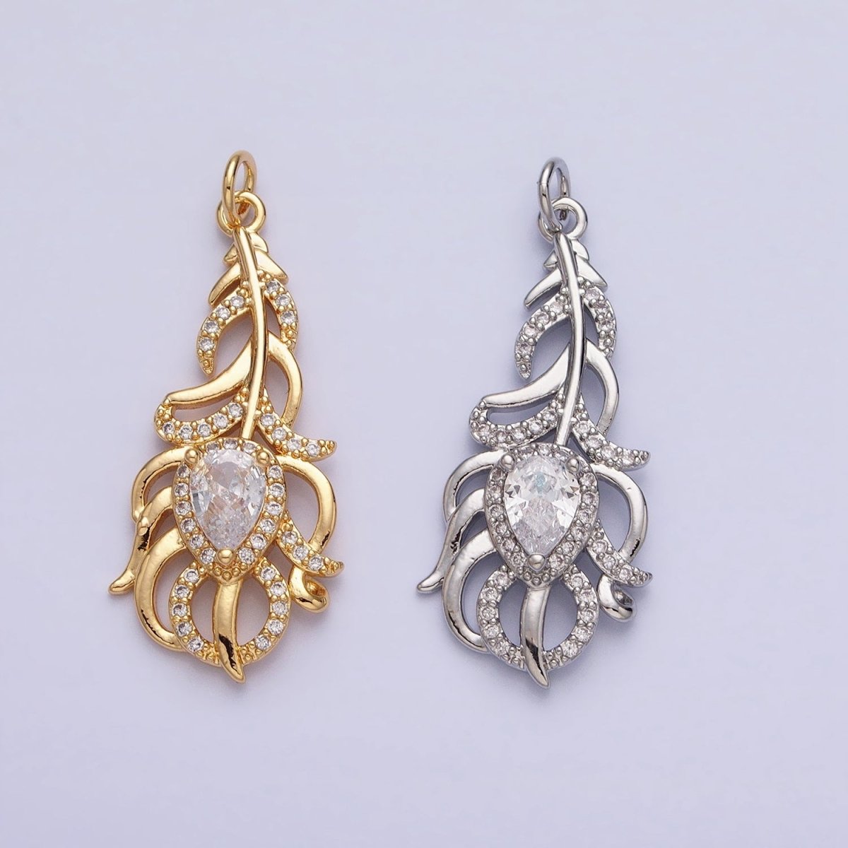 16K Gold Filled Clear Teardrop Micro Paved CZ Nature Compound Leaf Add-On Charm in Gold & Silver | AC966 AC967 - DLUXCA