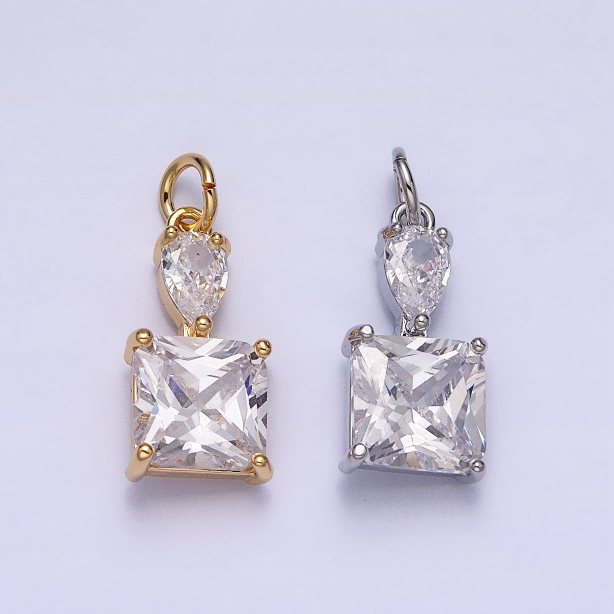 16K Gold Filled Clear Teardrop Square Double CZ Add-On Charm in Gold & Silver | AC1243 AC1244 - DLUXCA