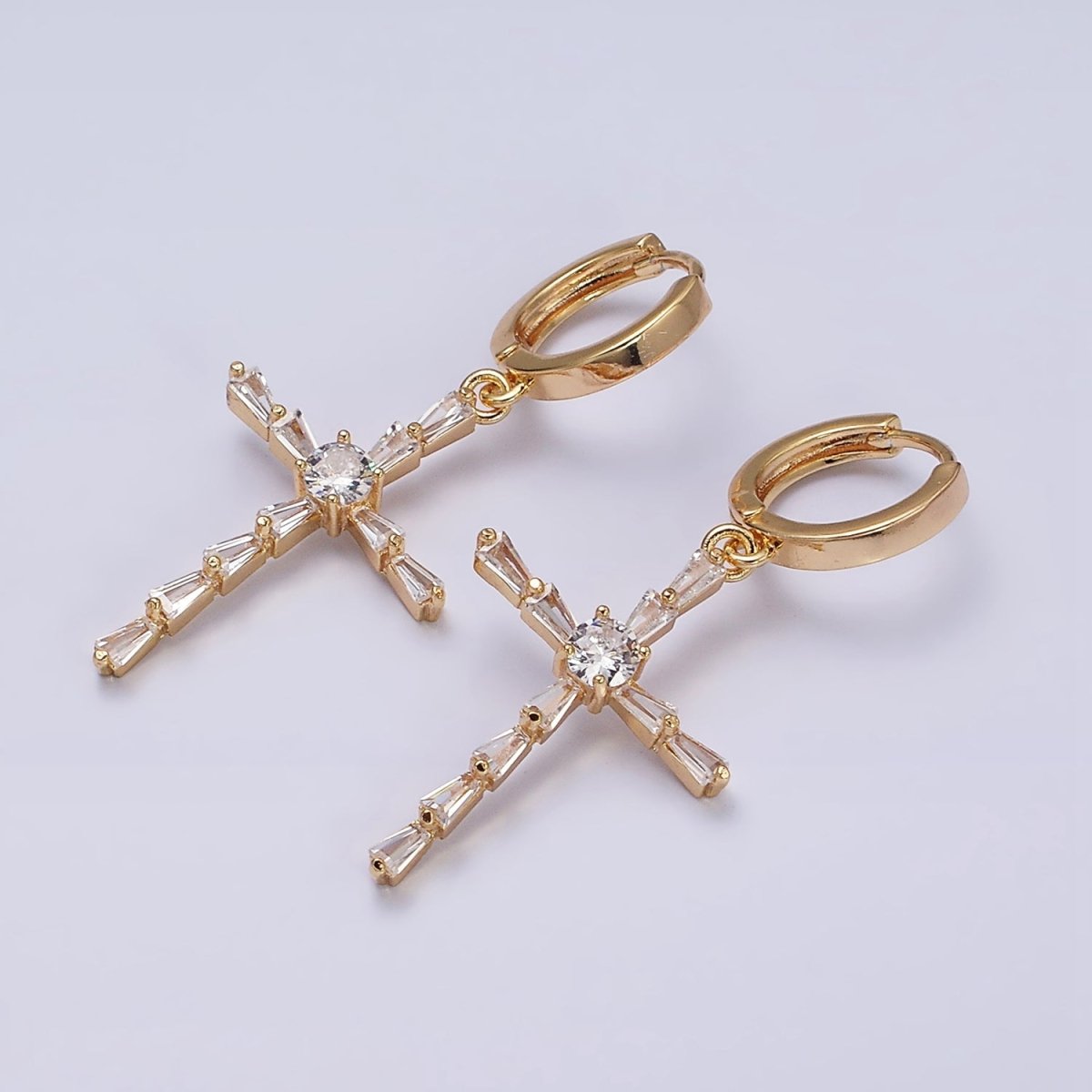 16K Gold Filled Clear Triangle Baguette Lined Religious Cross Drop Huggie Earrings in Silver & Gold | Y-924 AD-1233 - DLUXCA