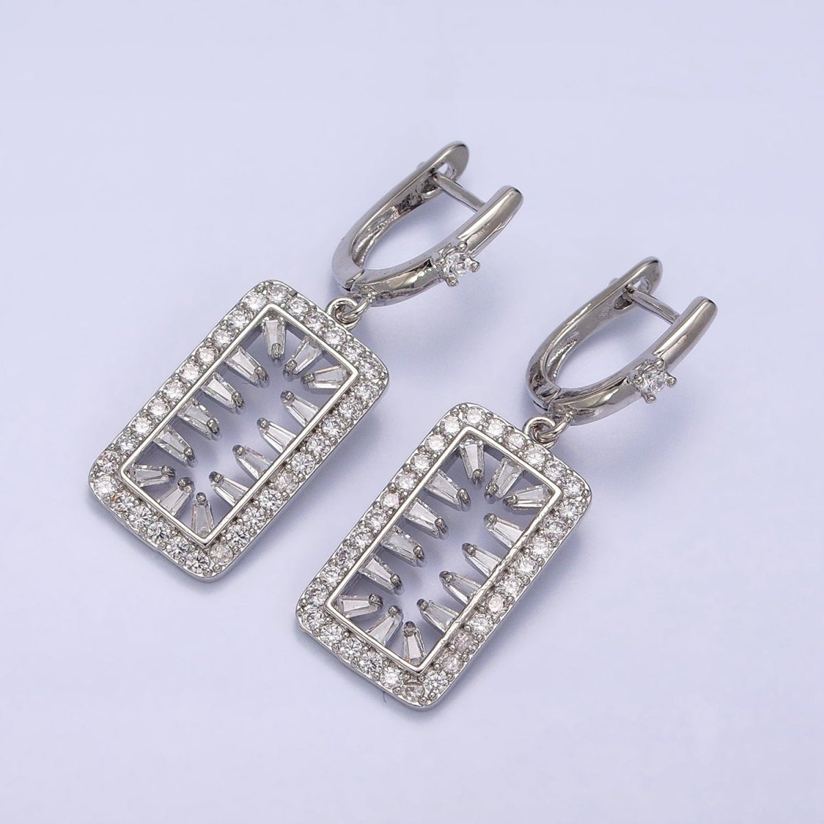 16K Gold Filled Clear Triangle Baguette Open Micro Paved Tag Drop English Lock Earrings in Silver & Gold | AB1504 AD1017 - DLUXCA