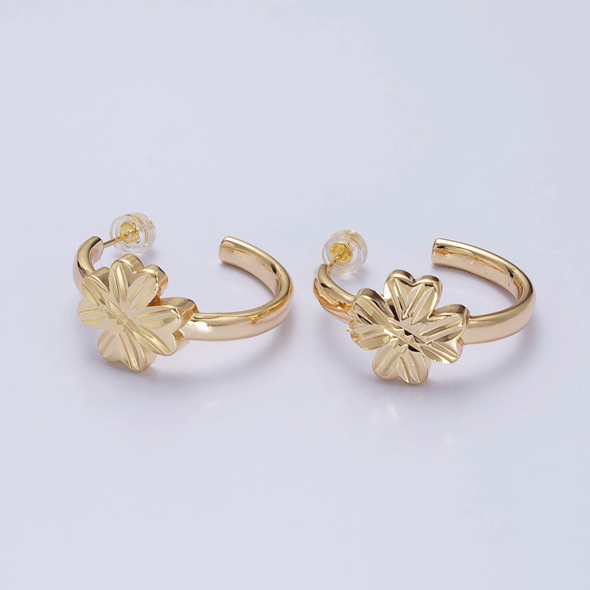 16K Gold Filled Clover Quatrefoil 30mm C-Shaped Hoop Earrings in Gold & Silver | AB473 AB474 - DLUXCA