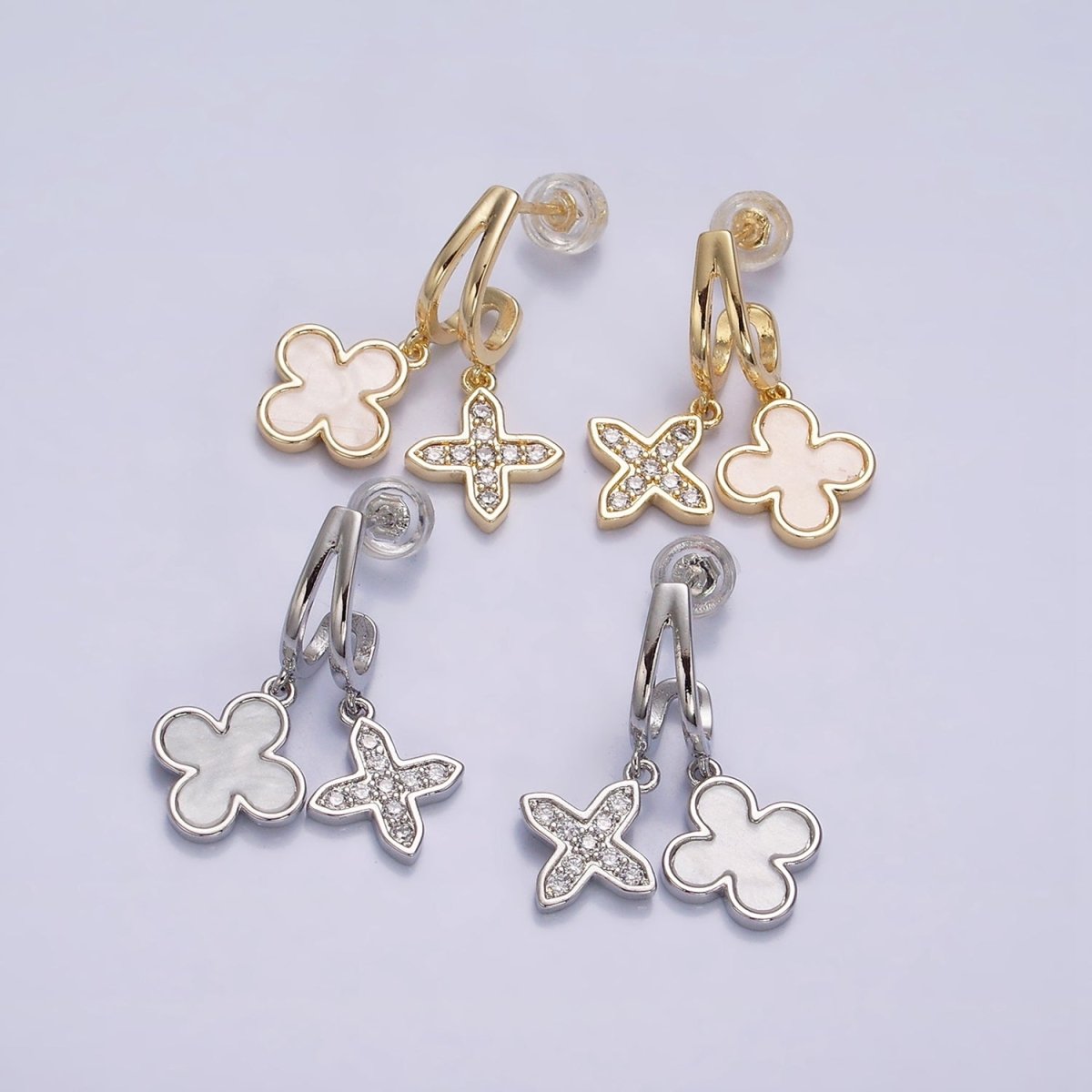 16K Gold Filled Clover Quatrefoil Passion Cross Double Bar Band J-Shaped Hoop Earrings in Gold & Silver | AD1556 AD1557 - DLUXCA