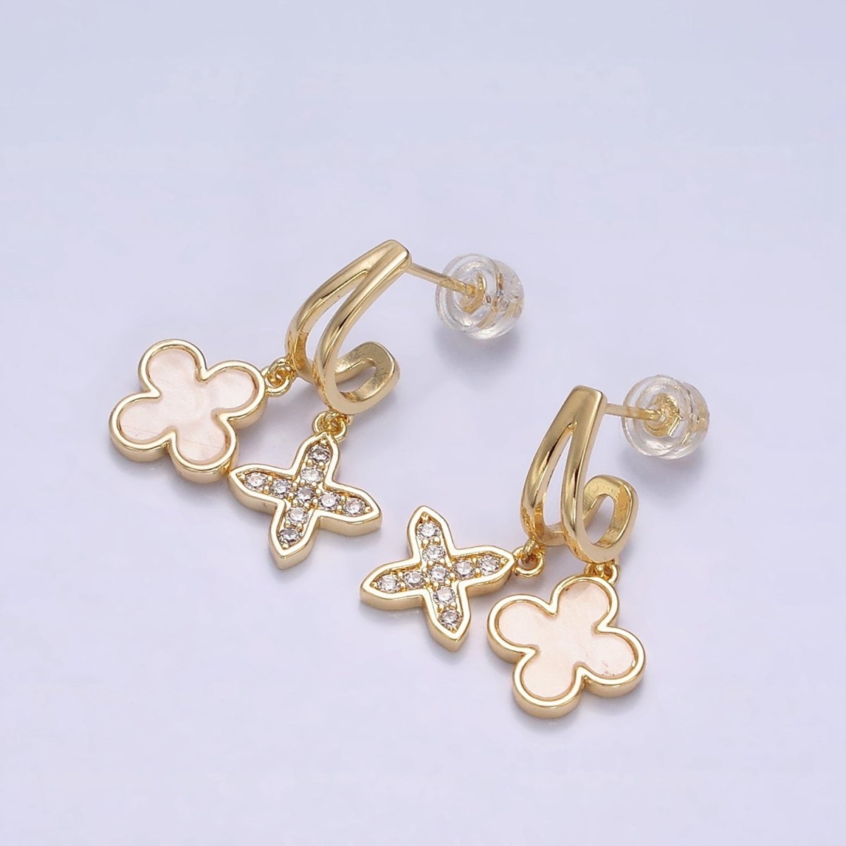 16K Gold Filled Clover Quatrefoil Passion Cross Double Bar Band J-Shaped Hoop Earrings in Gold & Silver | AD1556 AD1557 - DLUXCA