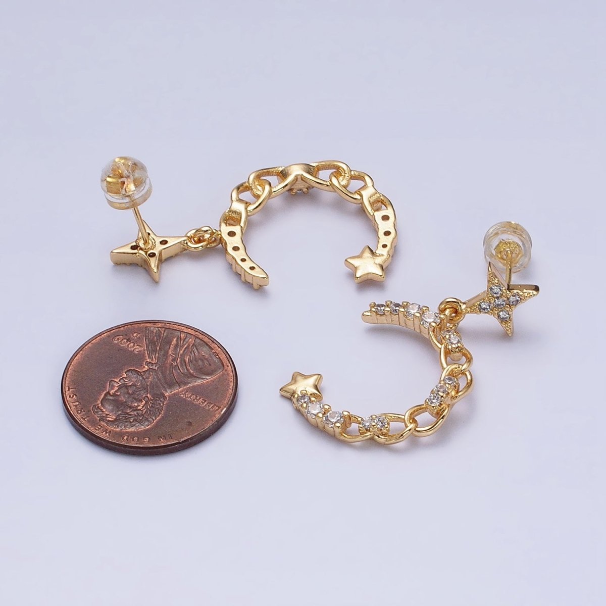 16K Gold Filled Crescent Moon Dangle Earring - Gold Celestial Stud Earrings AD1473 AD1472 - DLUXCA