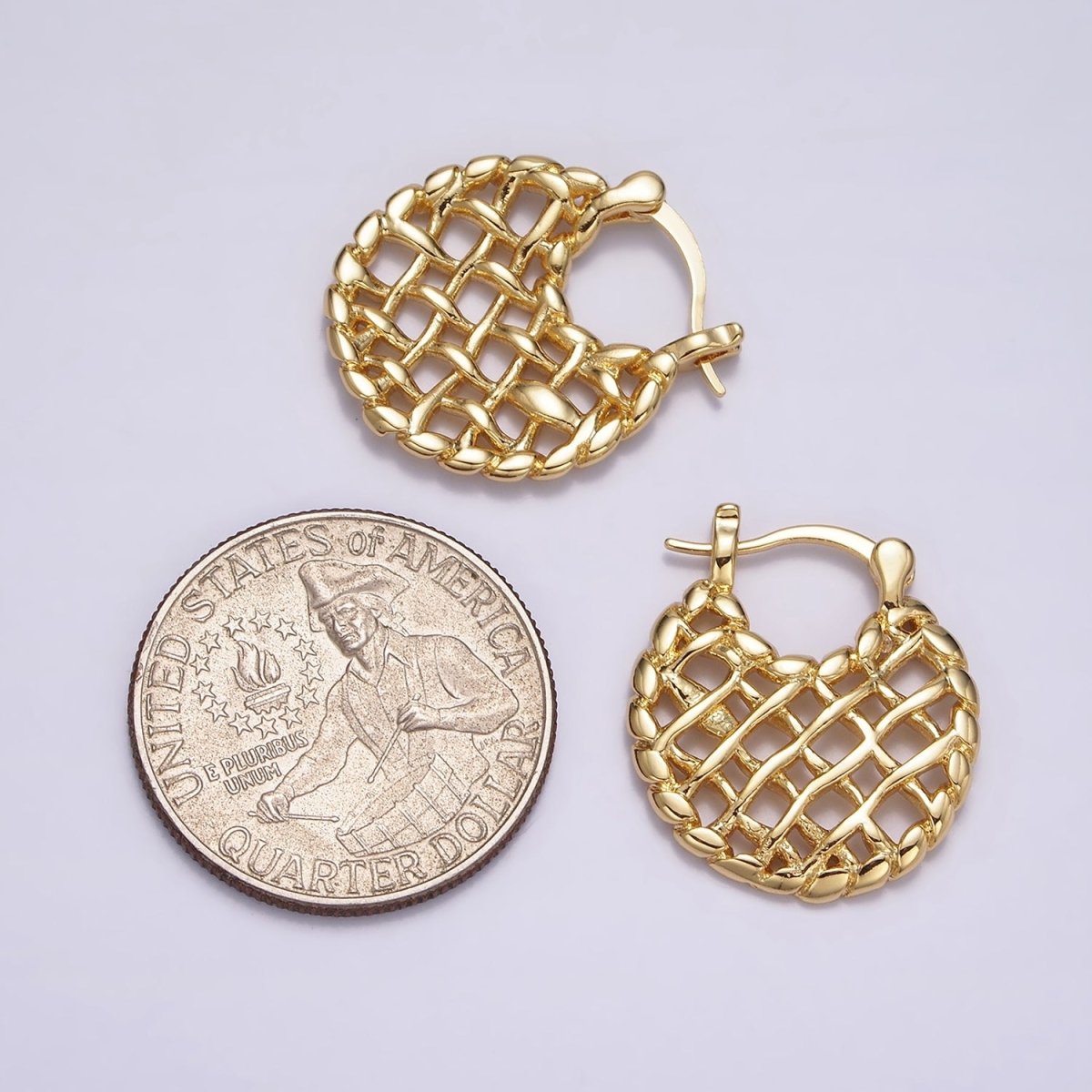 16K Gold Filled Croissant Molten Weave French Lock Latch Hoop Earrings | AE600 - DLUXCA