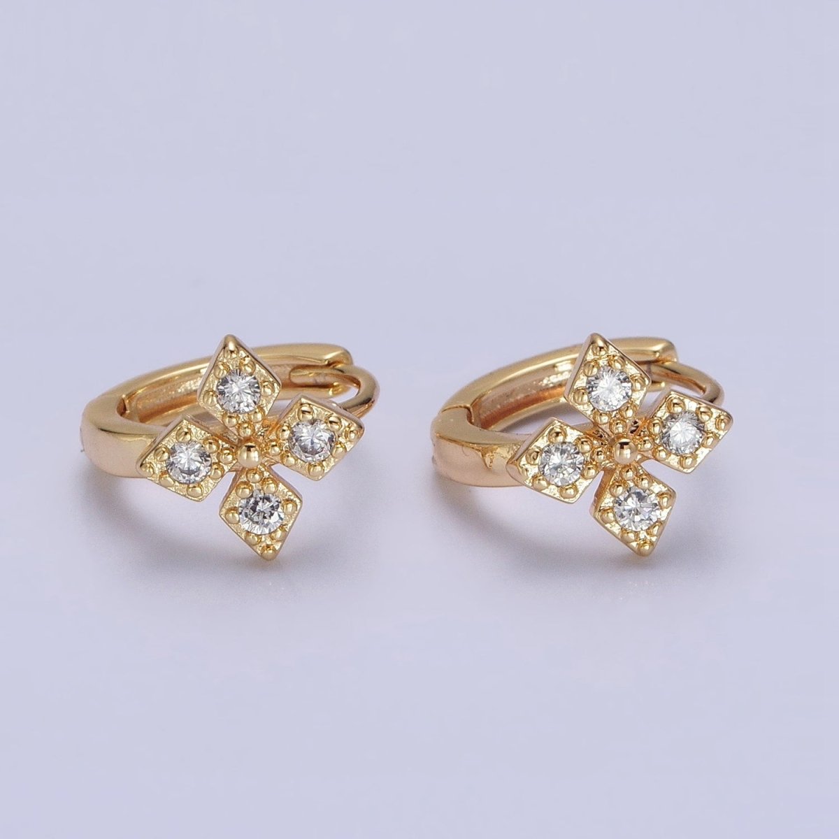 16K Gold Filled Cross Geometric CZ Huggie Earrings in Gold & Silver | AB1447 AB1448 - DLUXCA