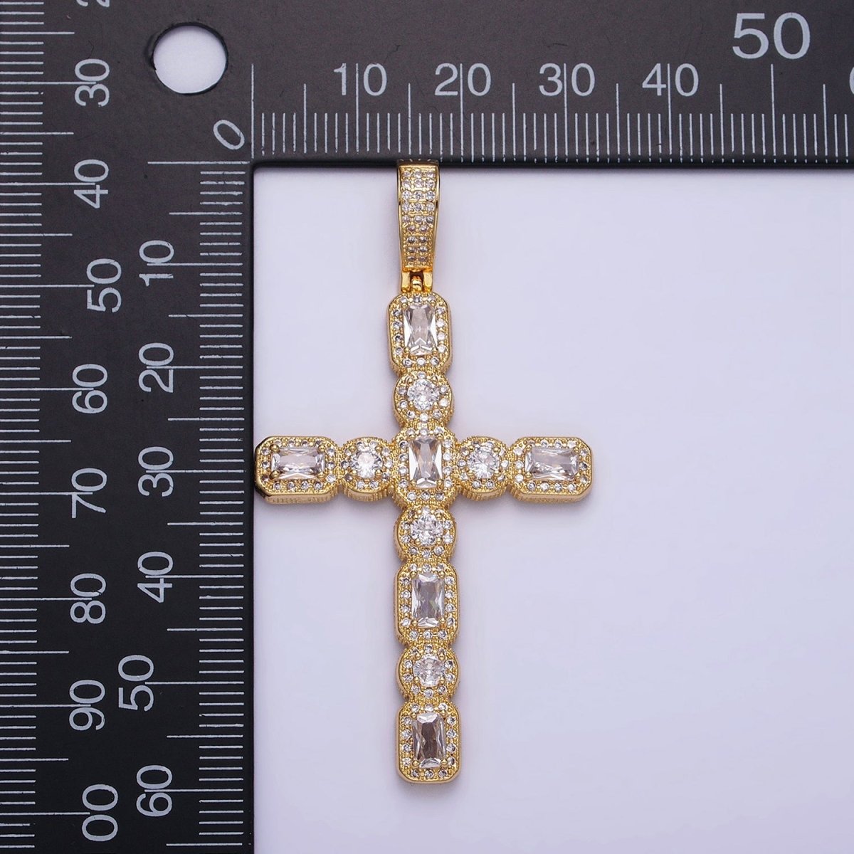 16K Gold Filled Cross Religious Clear Baguette Round CZ Micro Paved Pendant in Gold & Silver | AA-503 AA-504 - DLUXCA