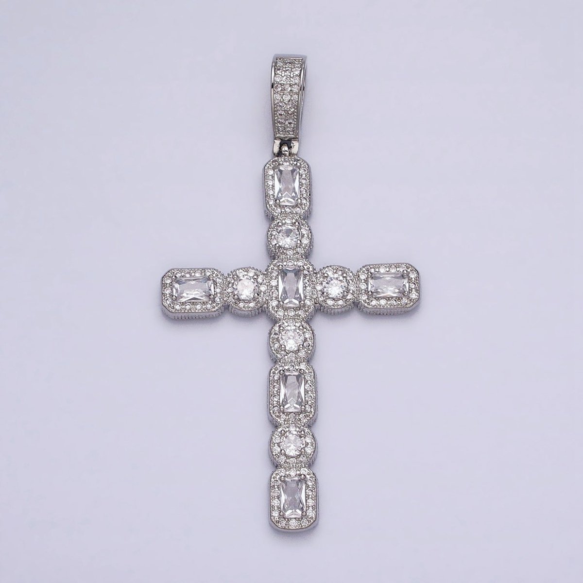 16K Gold Filled Cross Religious Clear Baguette Round CZ Micro Paved Pendant in Gold & Silver | AA-503 AA-504 - DLUXCA