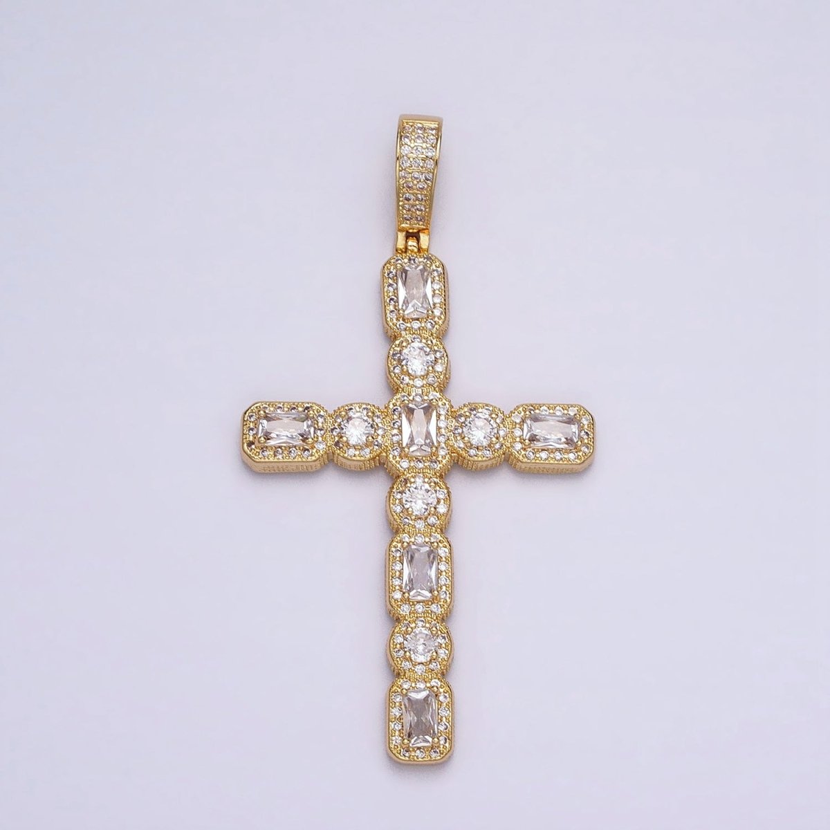 16K Gold Filled Cross Religious Clear Baguette Round CZ Micro Paved Pendant in Gold & Silver | AA-503 AA-504 - DLUXCA