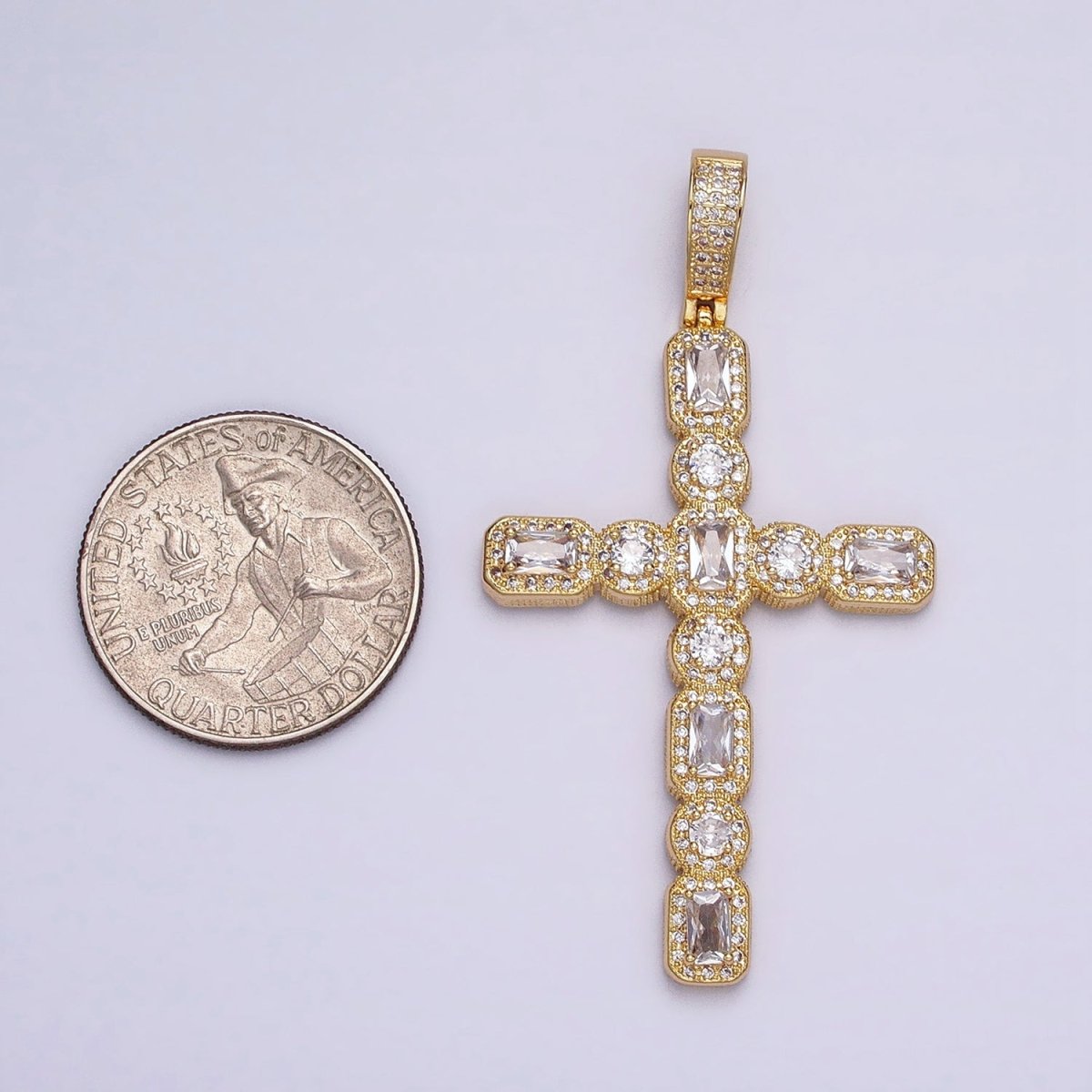 16K Gold Filled Cross Religious Clear Baguette Round CZ Micro Paved Pendant in Gold & Silver | AA-503 AA-504 - DLUXCA