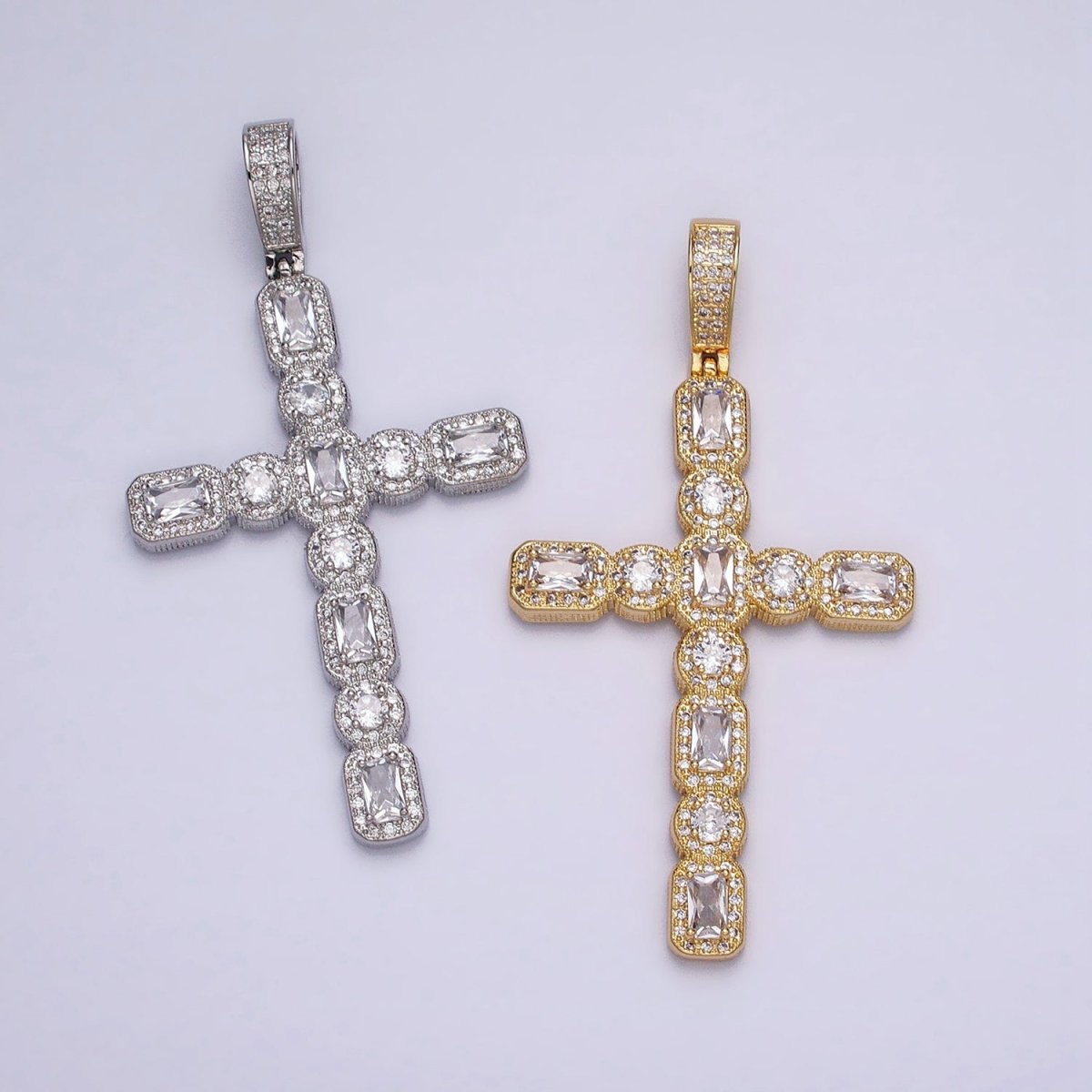 16K Gold Filled Cross Religious Clear Baguette Round CZ Micro Paved Pendant in Gold & Silver | AA-503 AA-504 - DLUXCA