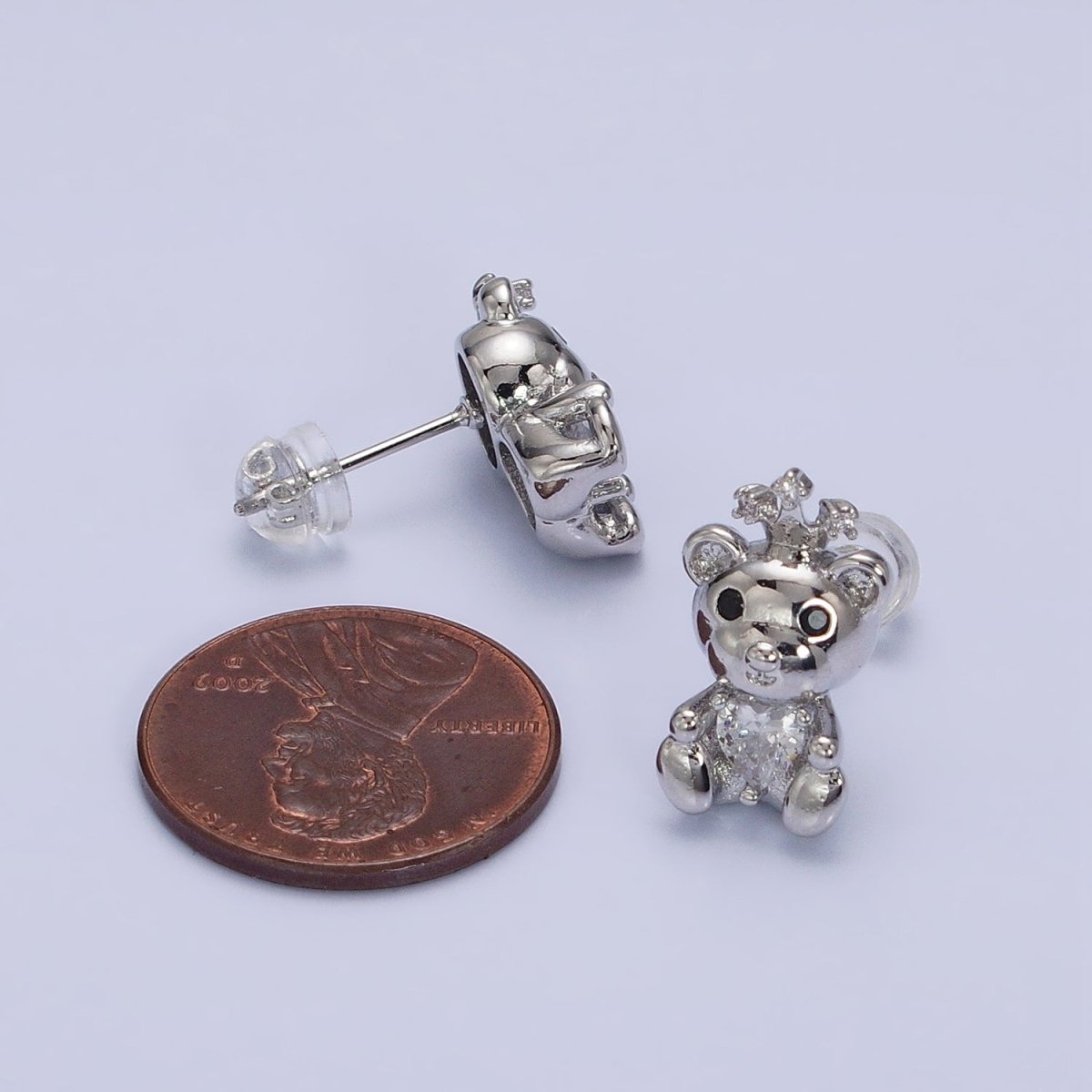 16K Gold Filled Crowned King Teddy Bear Clear CZ Heart Stud Earrings in Silver & Gold | AB1539 AD822 - DLUXCA
