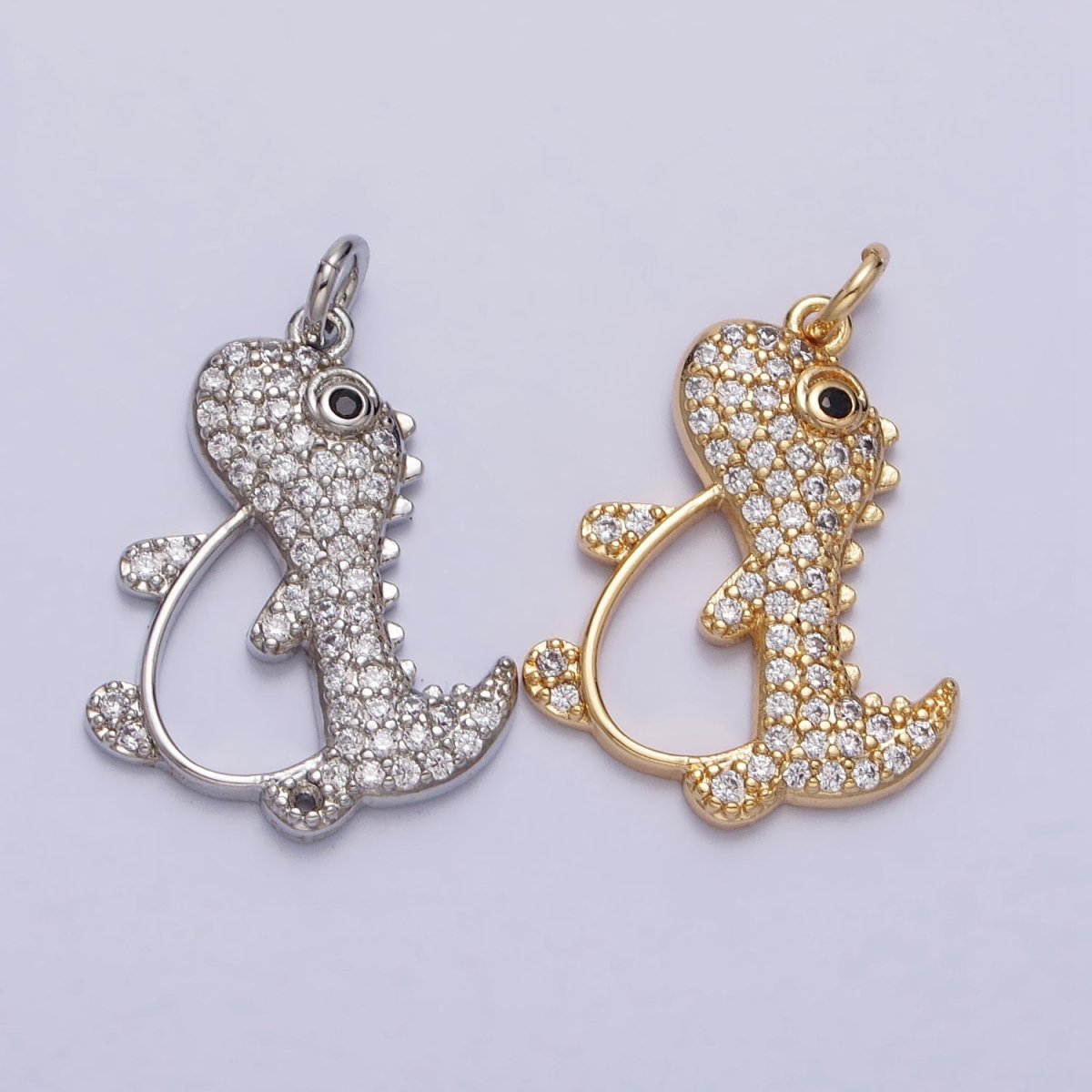 16K Gold Filled Cute Dinosaur Micro Paved CZ Open Charm in Gold & Silver | AC273 AC274 - DLUXCA