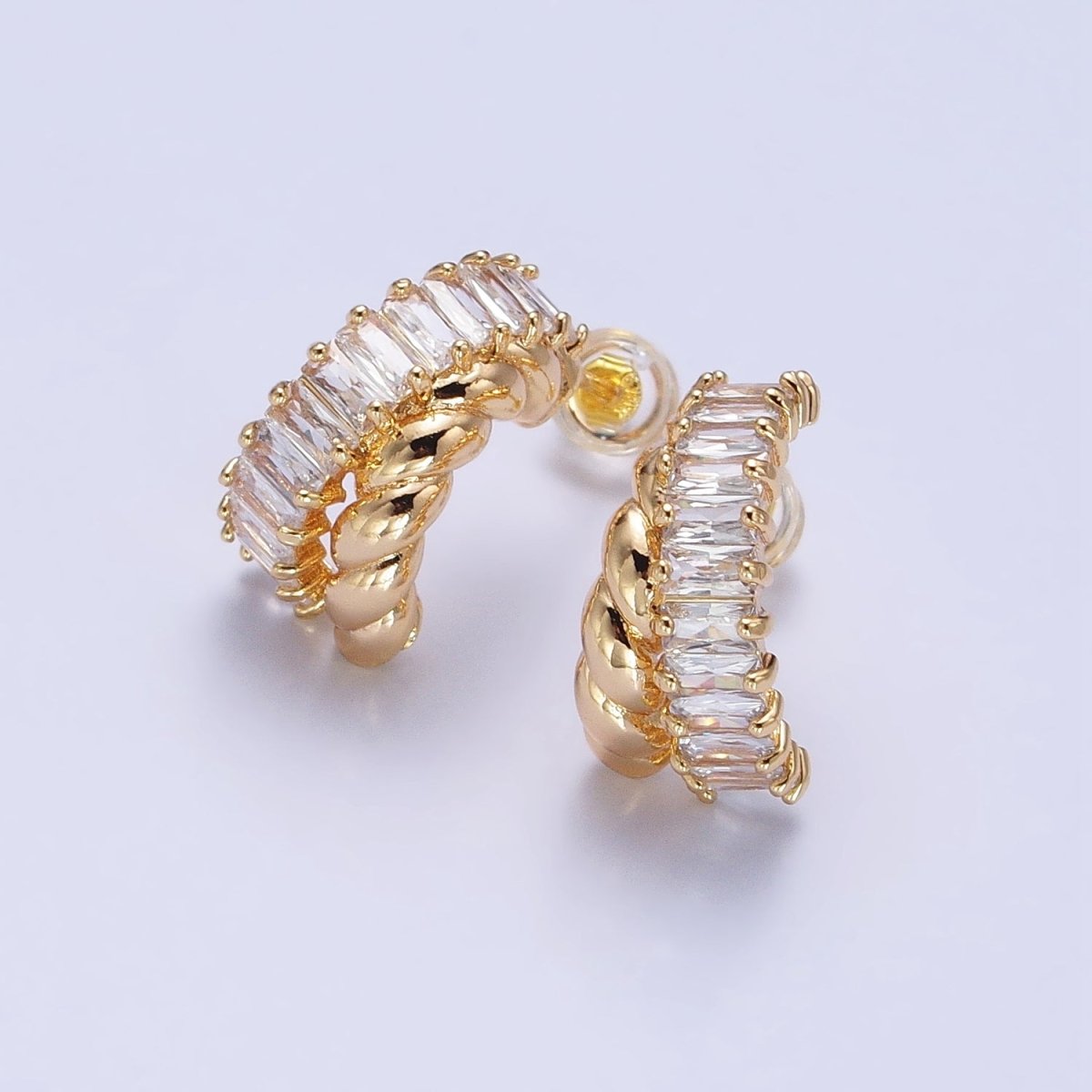 16K Gold Filled CZ Clear Baguette Croissant Double Band C-Shaped Hoop Earrings | AB385 - DLUXCA