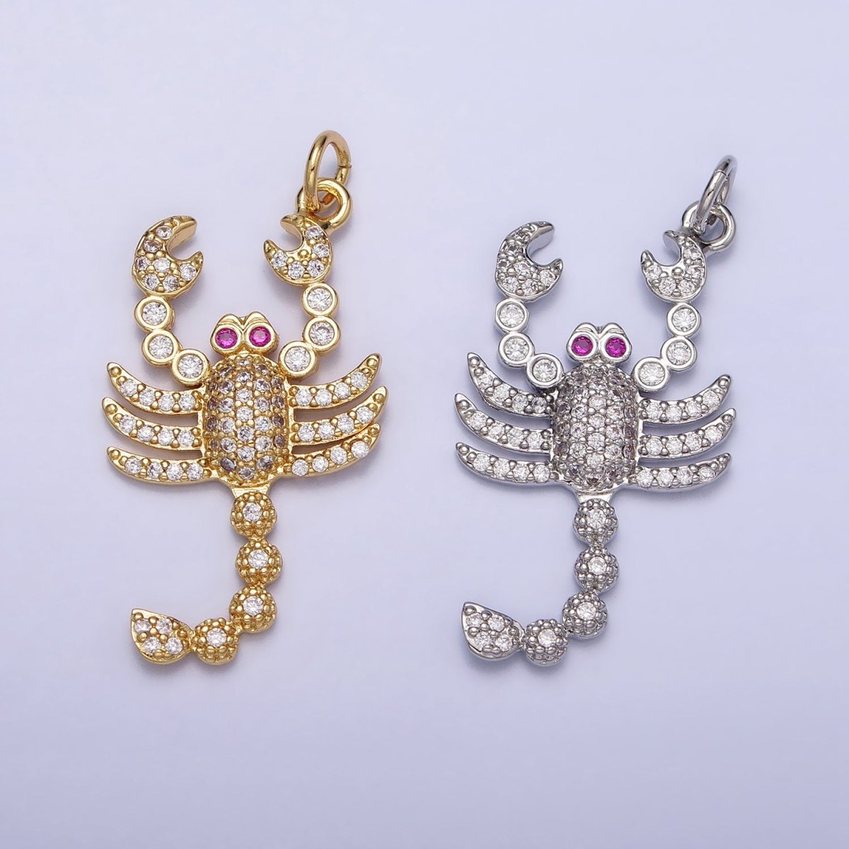 16K Gold Filled CZ Fuchsia-Eyed 27.5mm, 33.8mm Lobster Scorpion Animal Micro Paved Charm in Gold & Silver | AC1266, AC1274 - DLUXCA