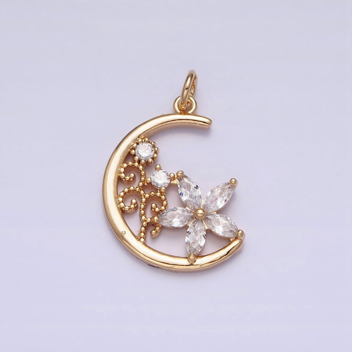 16K Gold Filled CZ Marquise Flower Beaded Plant Crescent Moon Add-On Charm in Gold & Silver | AC1209 AC1210 - DLUXCA