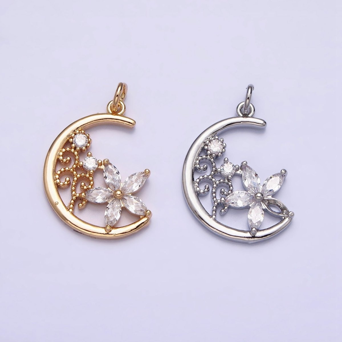 16K Gold Filled CZ Marquise Flower Beaded Plant Crescent Moon Add-On Charm in Gold & Silver | AC1209 AC1210 - DLUXCA