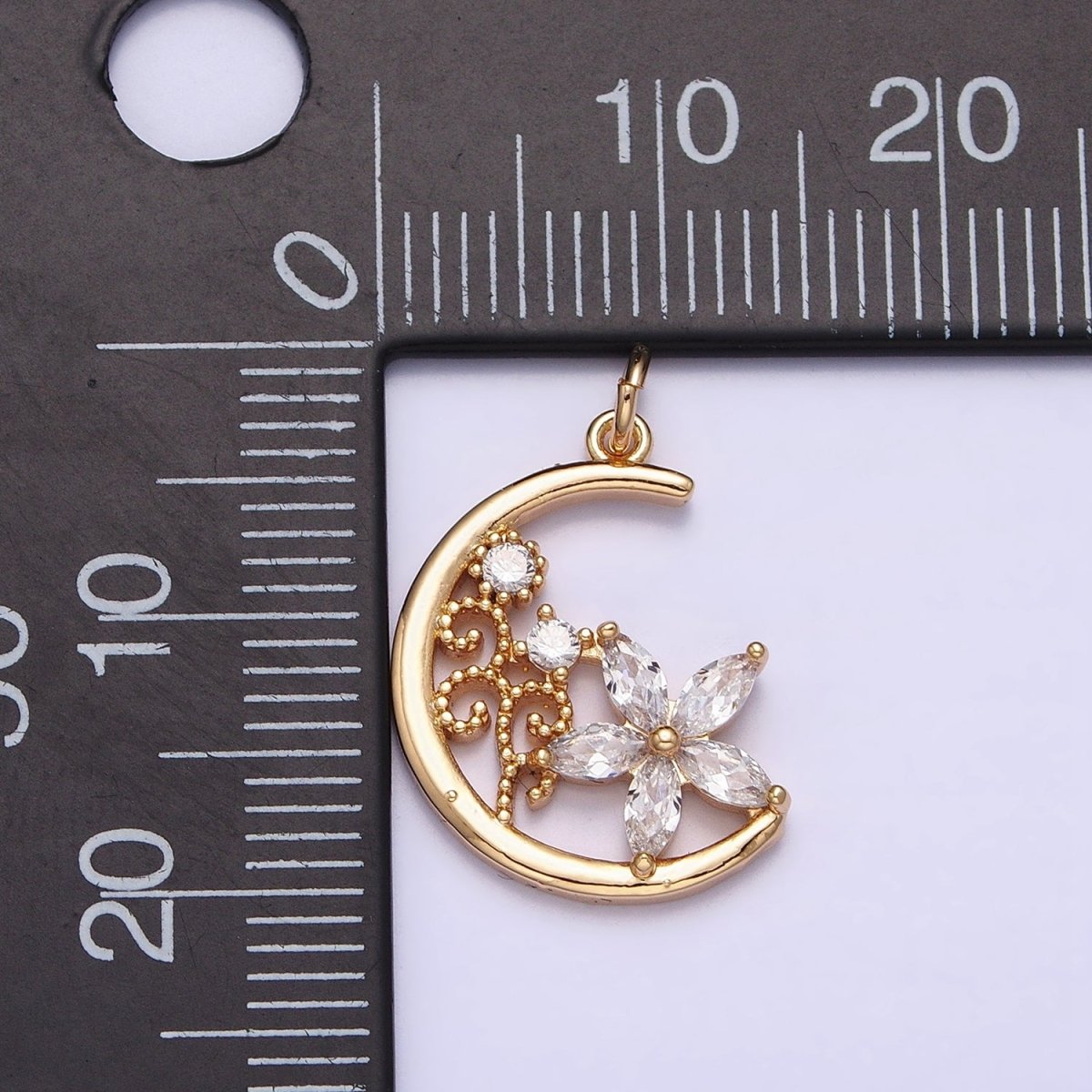 16K Gold Filled CZ Marquise Flower Beaded Plant Crescent Moon Add-On Charm in Gold & Silver | AC1209 AC1210 - DLUXCA