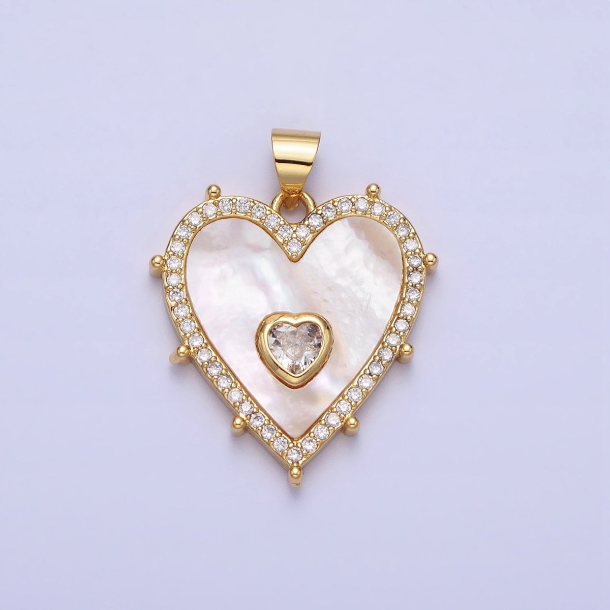 16K Gold Filled CZ Shell Pearl Micro Paved Heart Dotted Outline Pendant in Gold & Silver | AA165 AA166 - DLUXCA