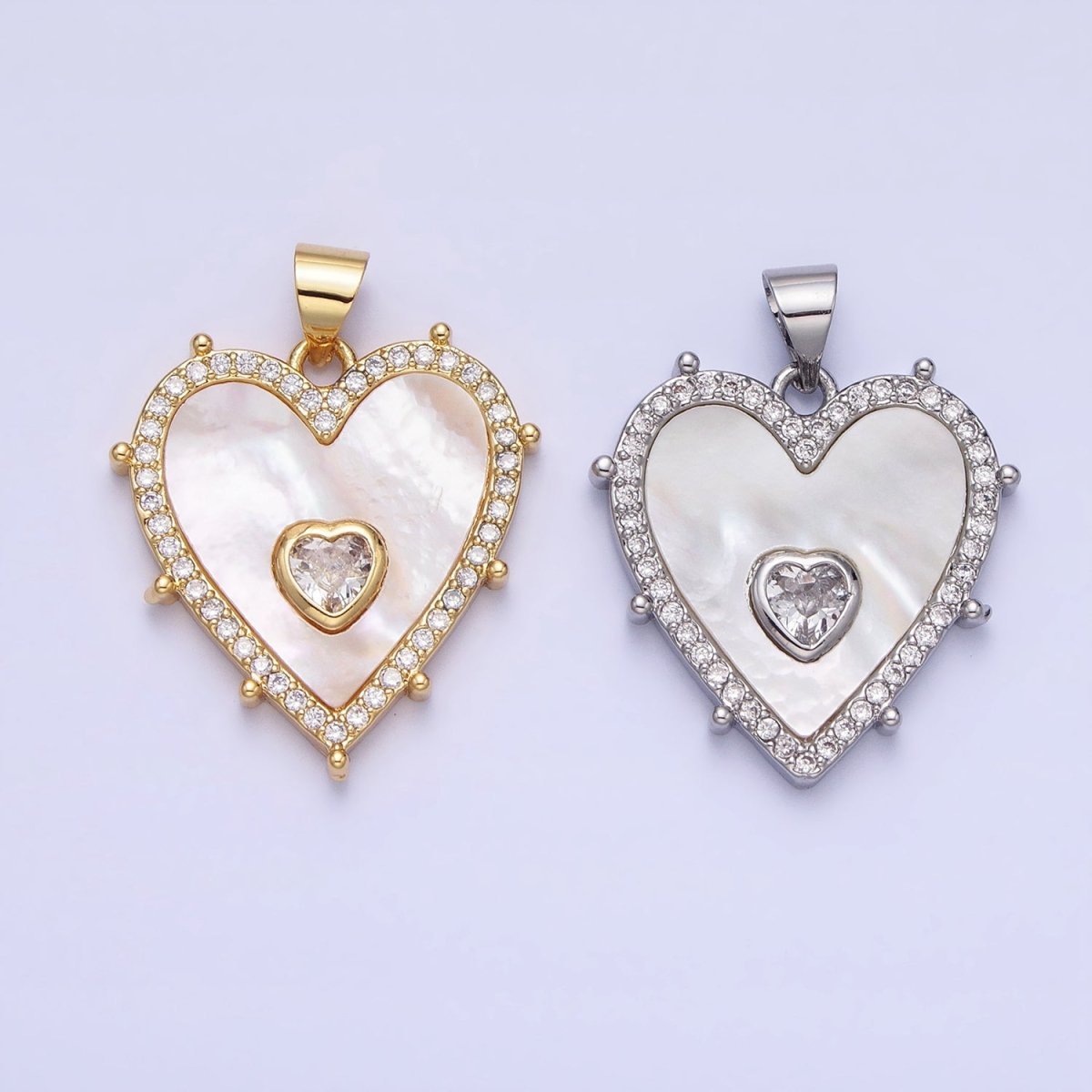 16K Gold Filled CZ Shell Pearl Micro Paved Heart Dotted Outline Pendant in Gold & Silver | AA165 AA166 - DLUXCA