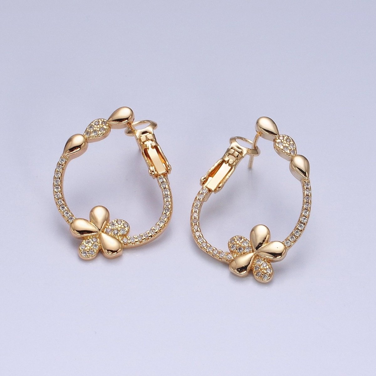 16K Gold Filled Daisy Flower CZ Micro Paved Front-Facing Hinge Hoop Earrings in Gold & Silver | AD1104 AD1105 - DLUXCA