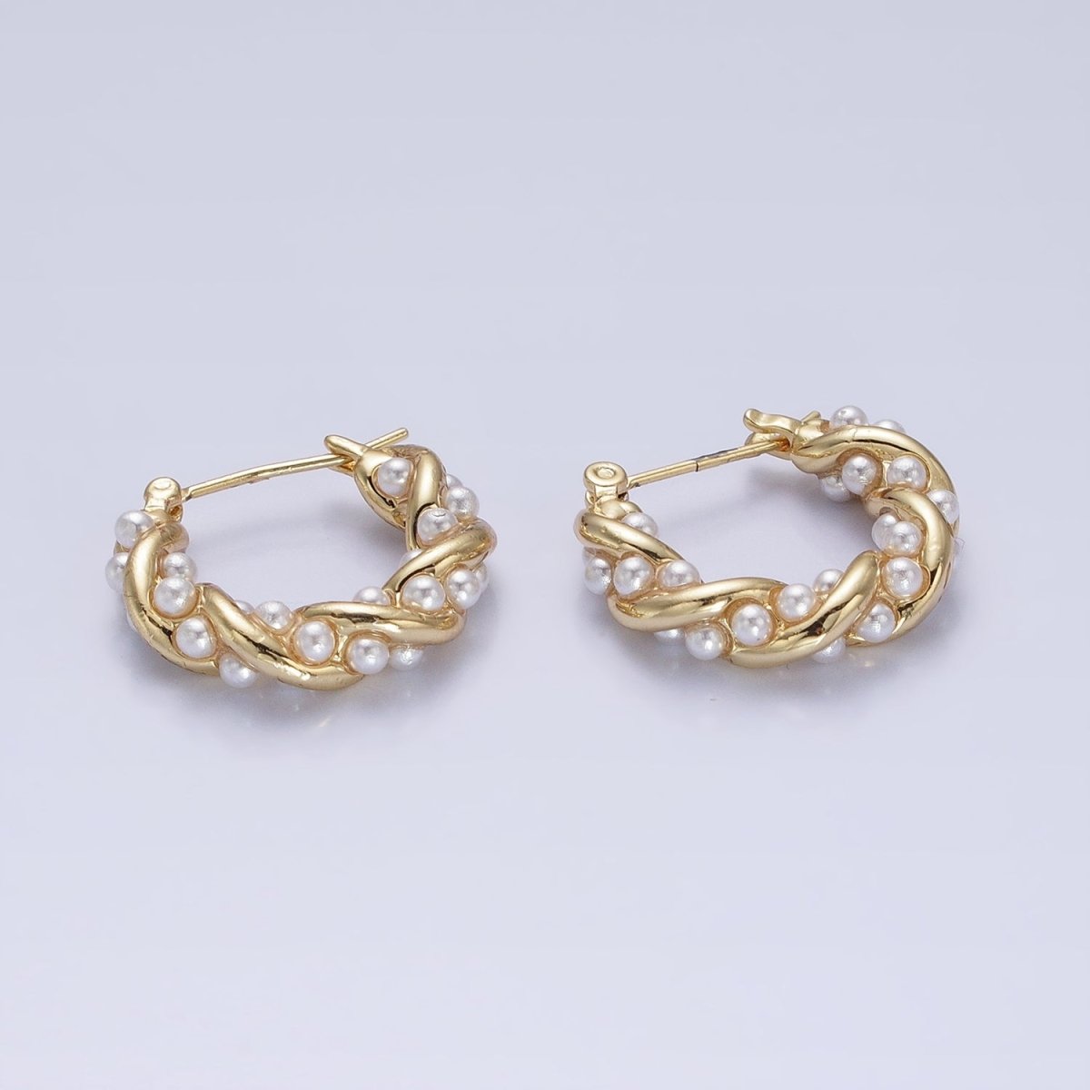 16K Gold Filled Dotted Pearl Lined Croissant Latch Earrings in Gold & Silver | AB1430 AB1431 - DLUXCA