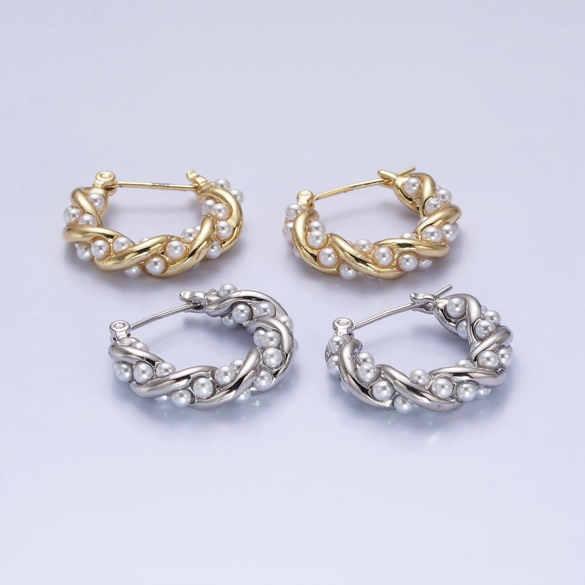 16K Gold Filled Dotted Pearl Lined Croissant Latch Earrings in Gold & Silver | AB1430 AB1431 - DLUXCA