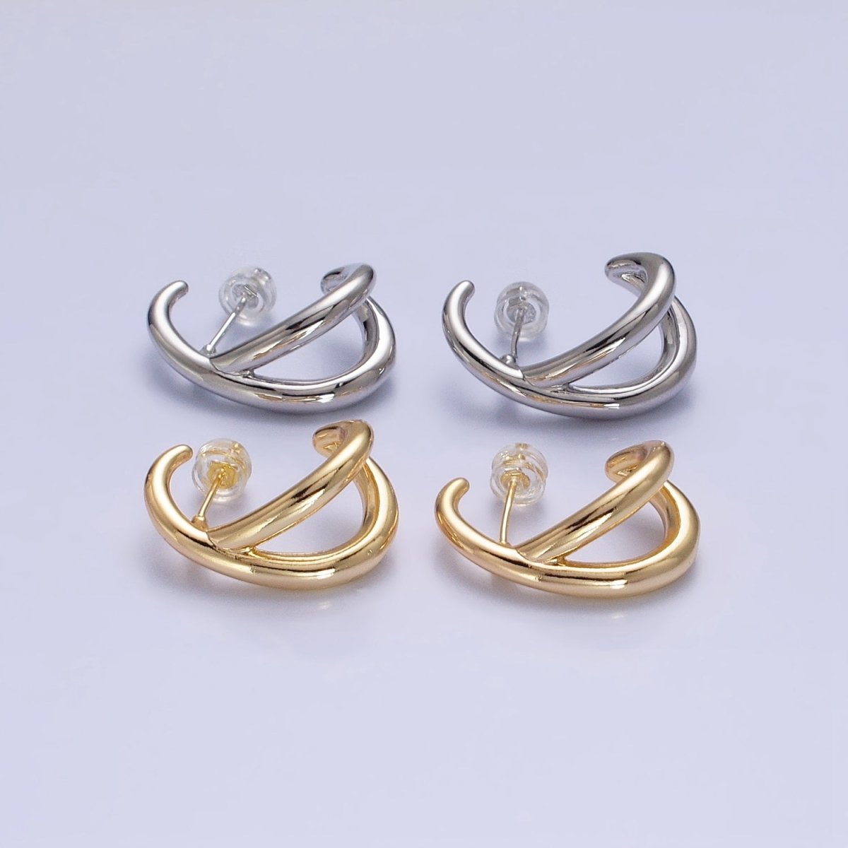 16K Gold Filled Double Band Circular Claw C-Shaped Hoop Stud Earrings in Silver & Gold | AB896 AB913 - DLUXCA