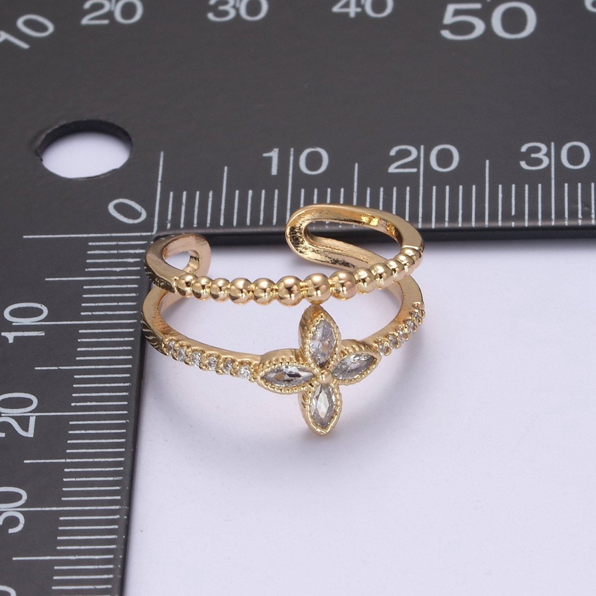 16K Gold Filled Double Band Geometric Crystal Zirconia CZ Flower Adjustable Ring U-348 - DLUXCA