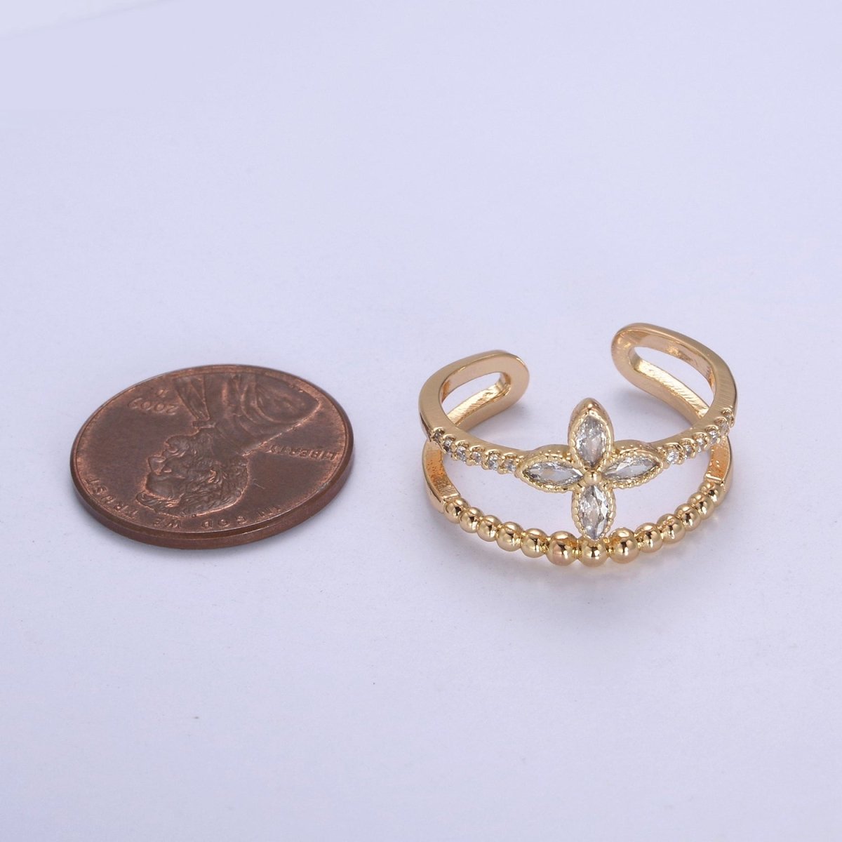 16K Gold Filled Double Band Geometric Crystal Zirconia CZ Flower Adjustable Ring U-348 - DLUXCA