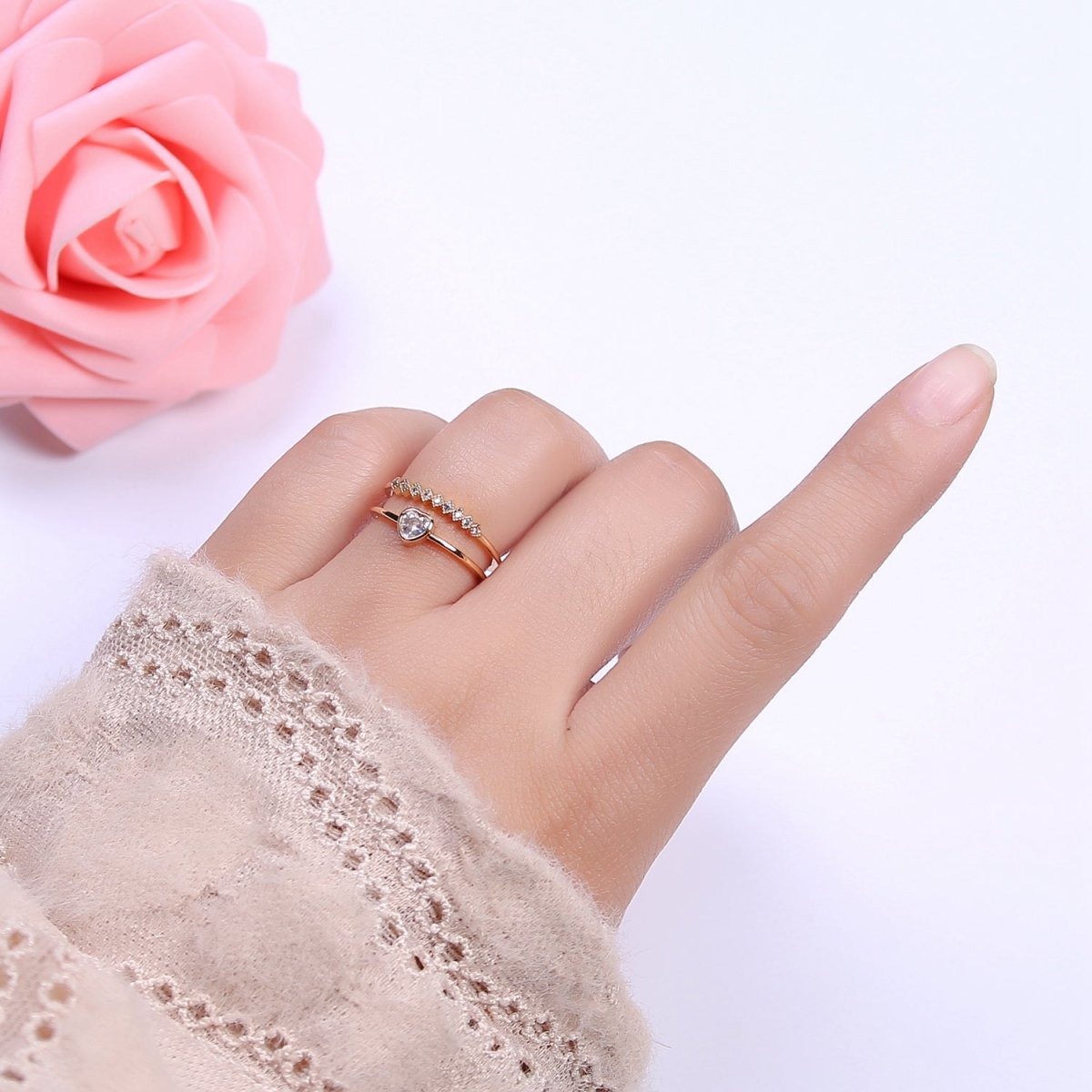 16K Gold Filled Double Band Geometric Square & Heart Crystal Zirconia CZ Promise Ring, Adjustable Ring For Valentine U-337 - DLUXCA