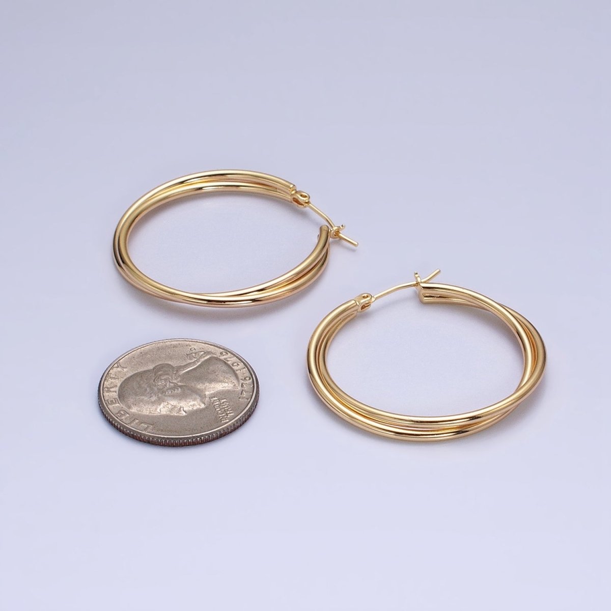 16K Gold Filled Double Band Hoop Latch Earrings in Gold & Silver | AD1157 AD1158 - DLUXCA