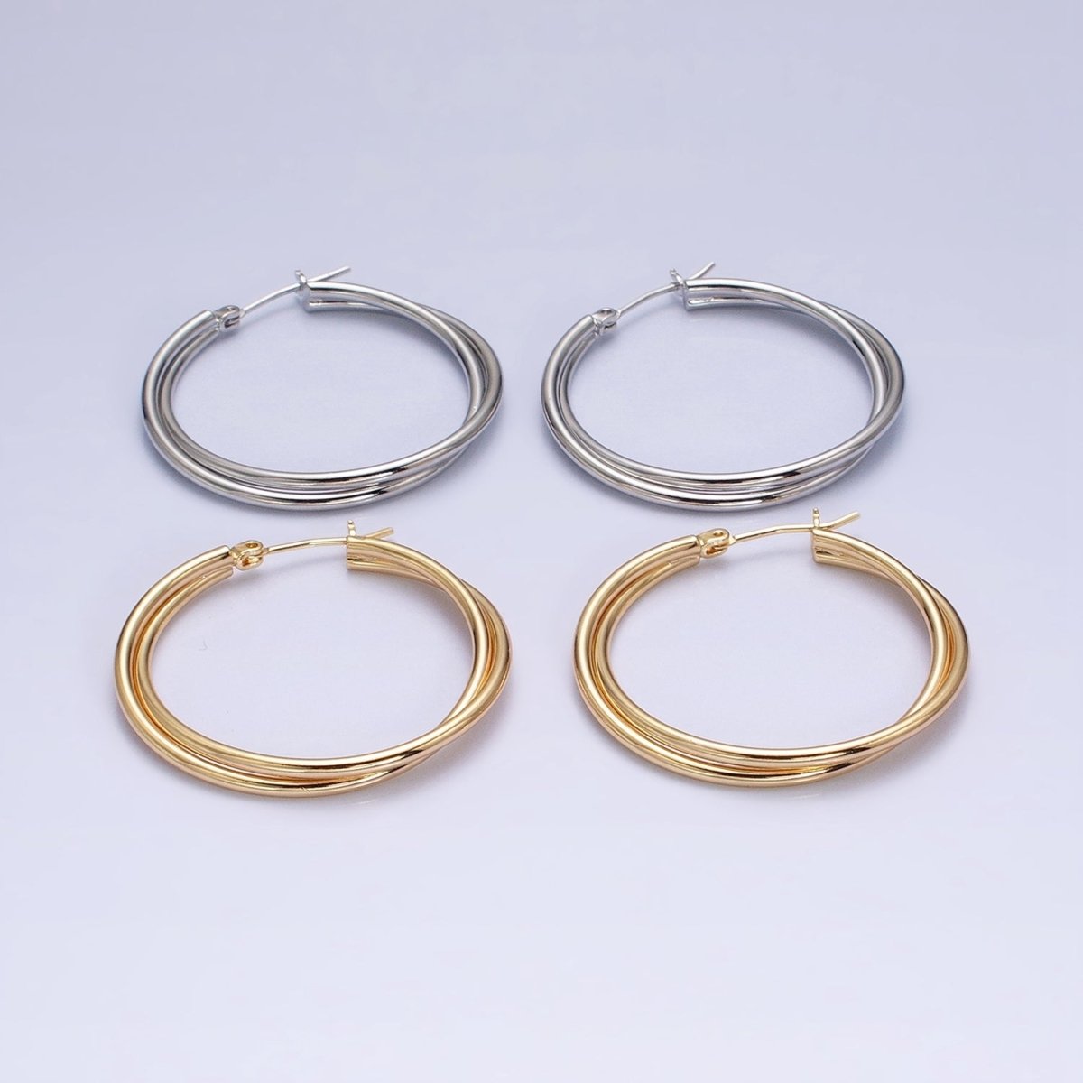 16K Gold Filled Double Band Hoop Latch Earrings in Gold & Silver | AD1157 AD1158 - DLUXCA